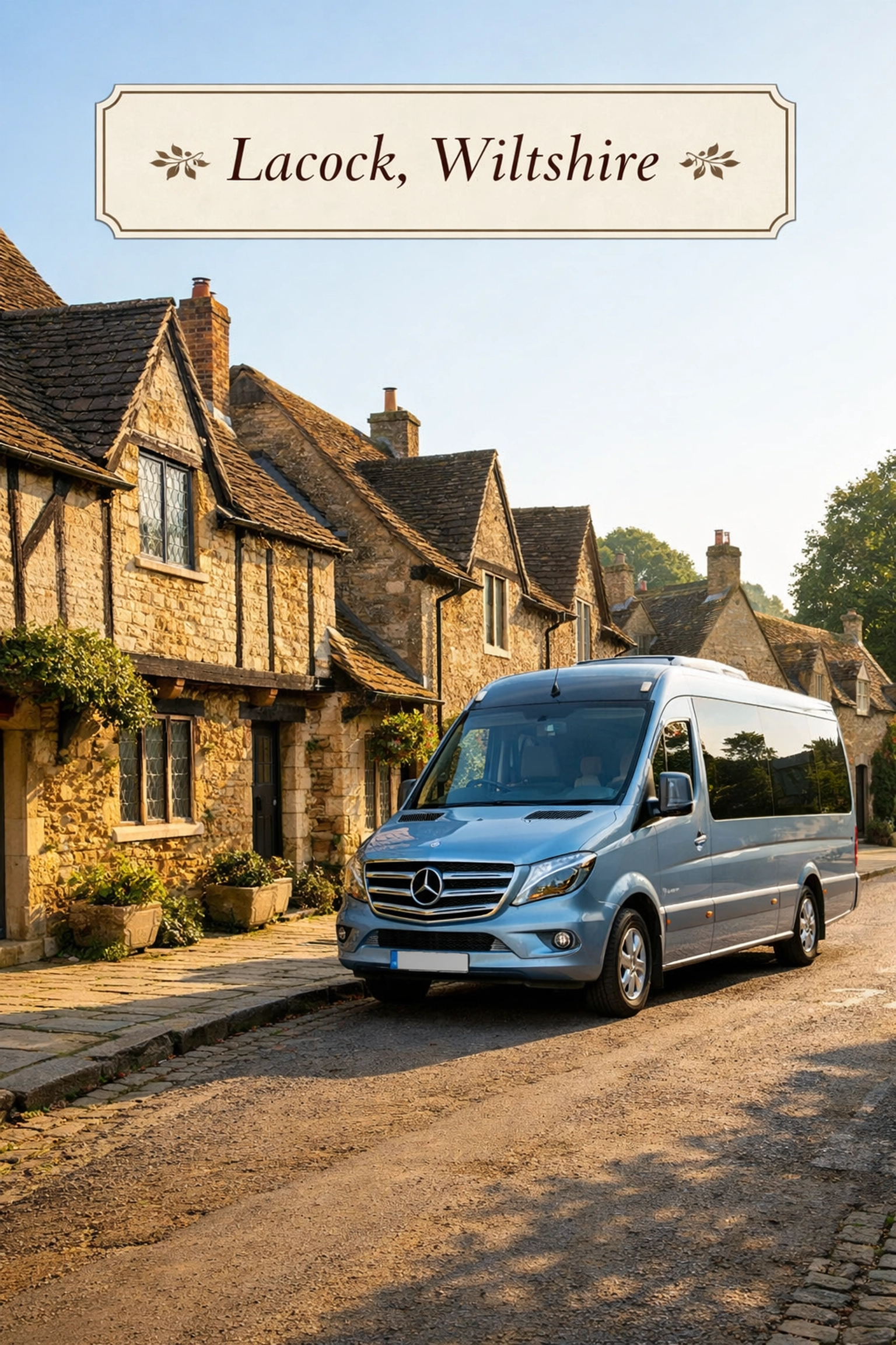 Silver Blue Mercedes minibus parked on a historic, preserved street in Lacock village with honey-colored cottages.