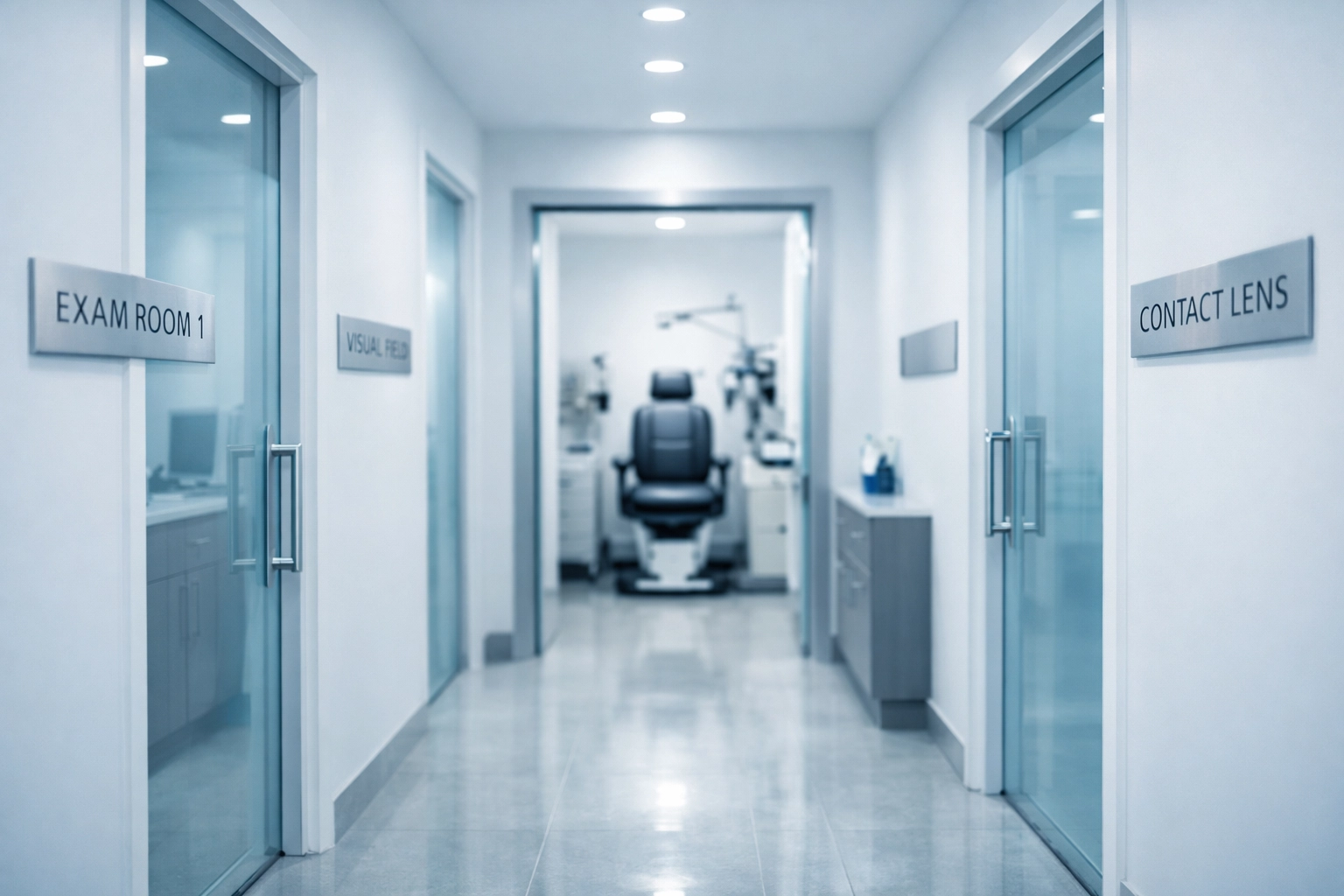 Modern optometry clinic hallway showcasing efficient revenue cycle management and patient flow.