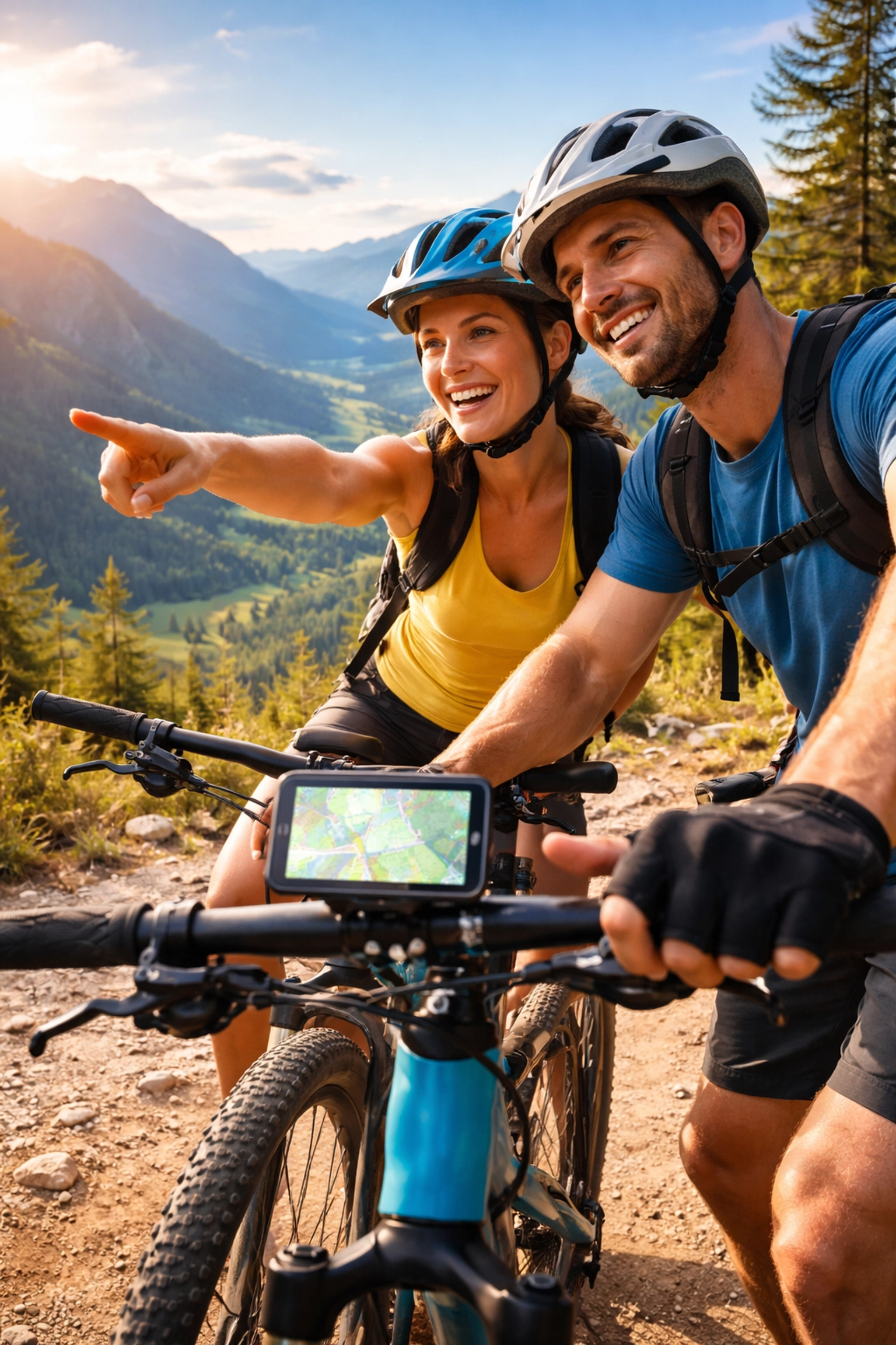 Smiling couple using a self-guided tour app on a bike ride, enjoying scenic outdoor exploration