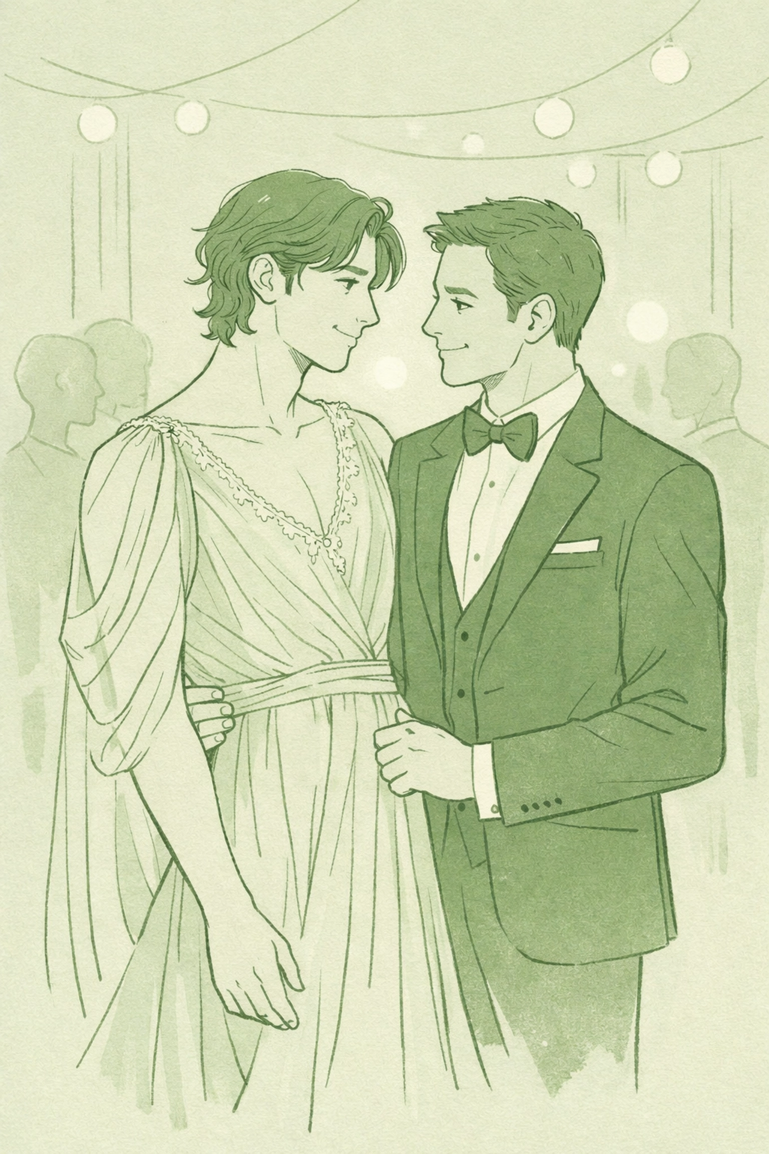 Two men at gala, one in elegant gown defying gender norms with tuxedo-clad partner