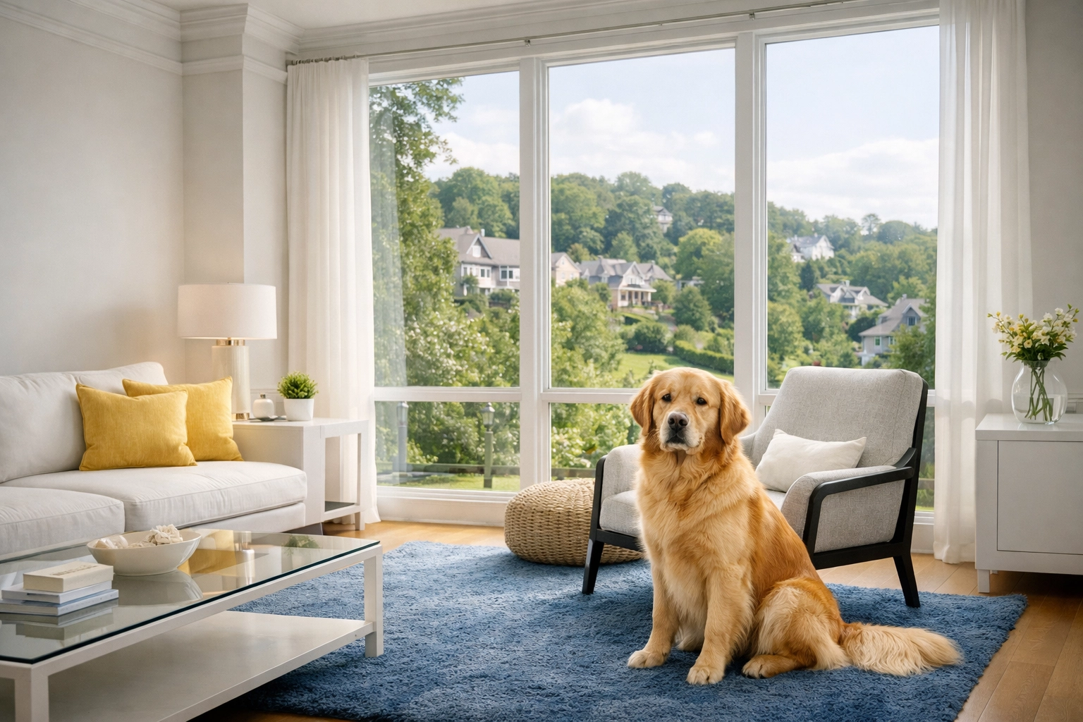 A clean Worcester living room with a pet, ready for House Cleaning Services Worcester MA.