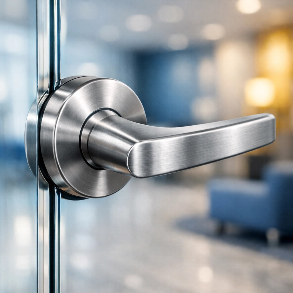 Professional office cleaning Worcester service focusing on sanitized high-touch door handles.