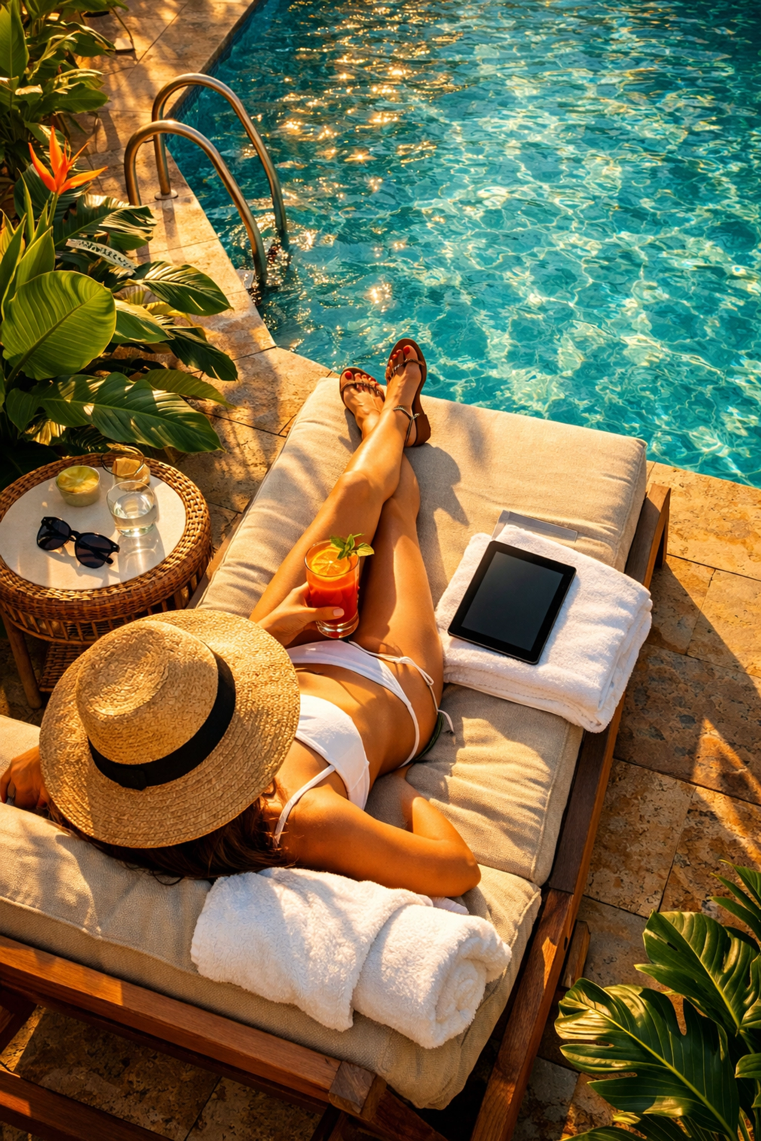 Hotel guest relaxing by pool using mobile device for location-aware AI ordering and upsells