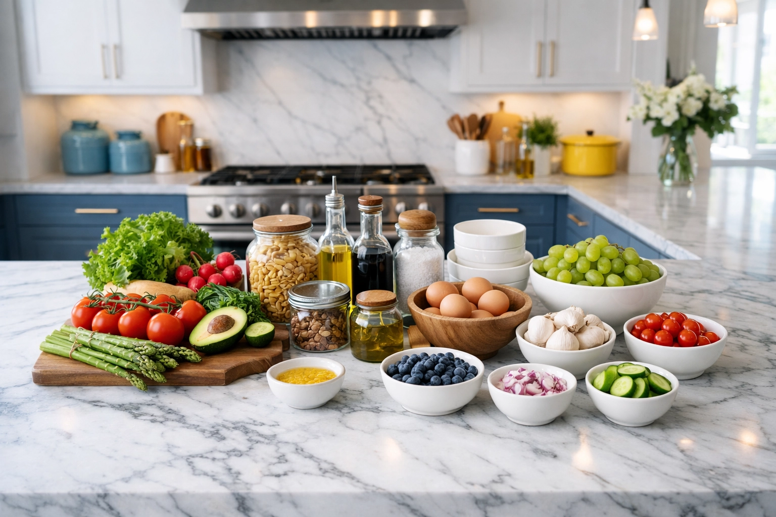 Organized food and produce on a kitchen island during a refrigerator cleaning staging process.