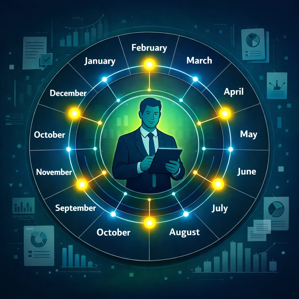 Year-round tax planning calendar showing quarterly monitoring by tax professional