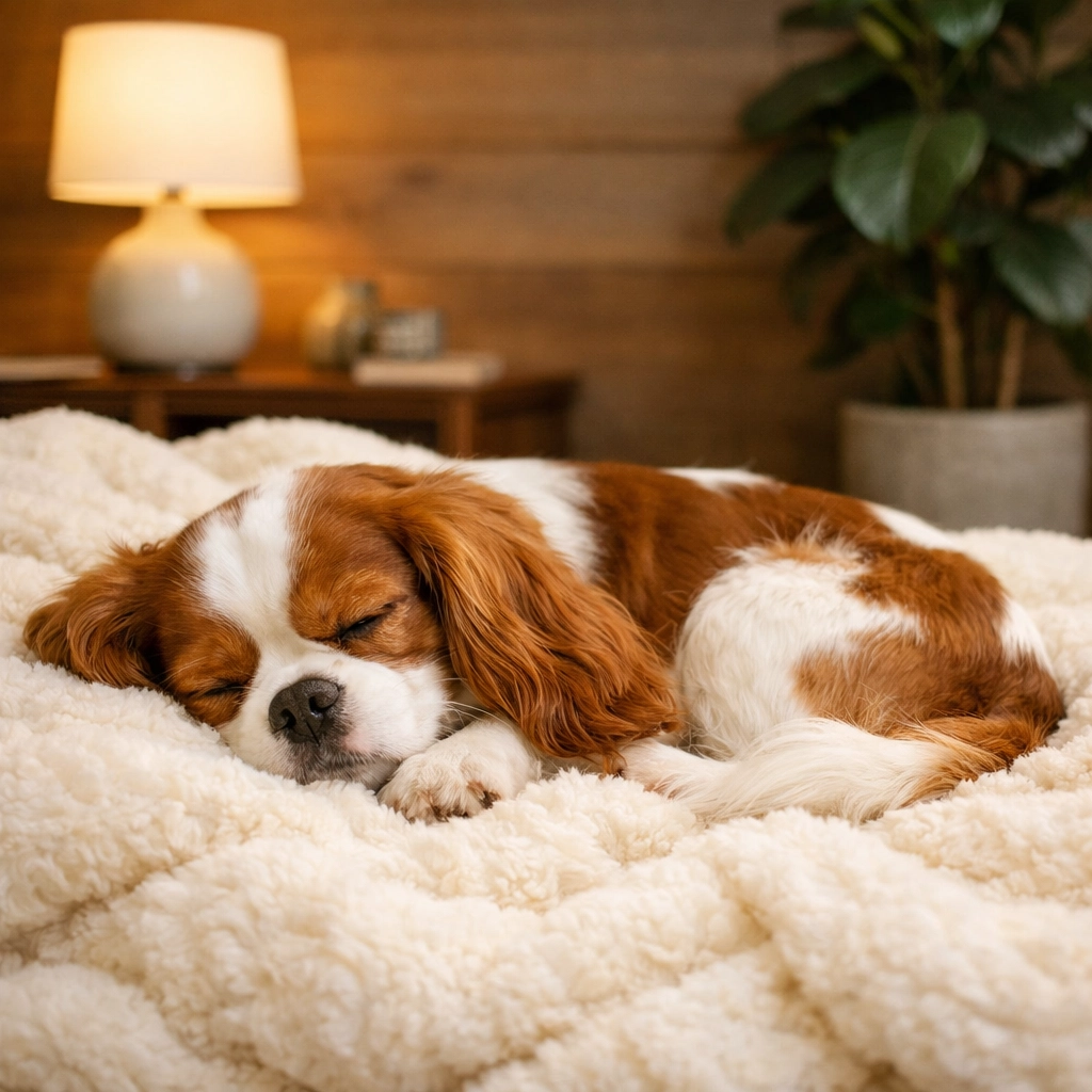 Emotional support Cavalier King Charles Spaniel resting calmly on a therapeutic blanket in Oregon.
