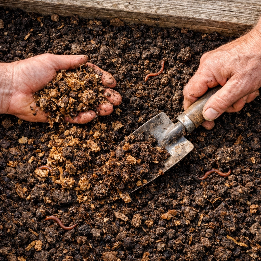 Gardener mixing organic compost into soil to prepare garlic bed for fall planting