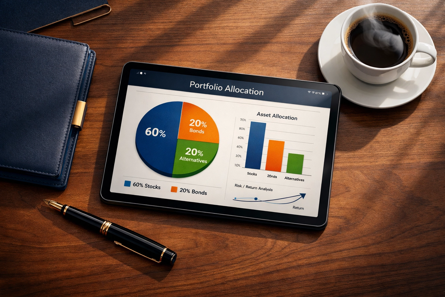 Portfolio allocation charts displaying 60/20/20 investment model with alternative assets