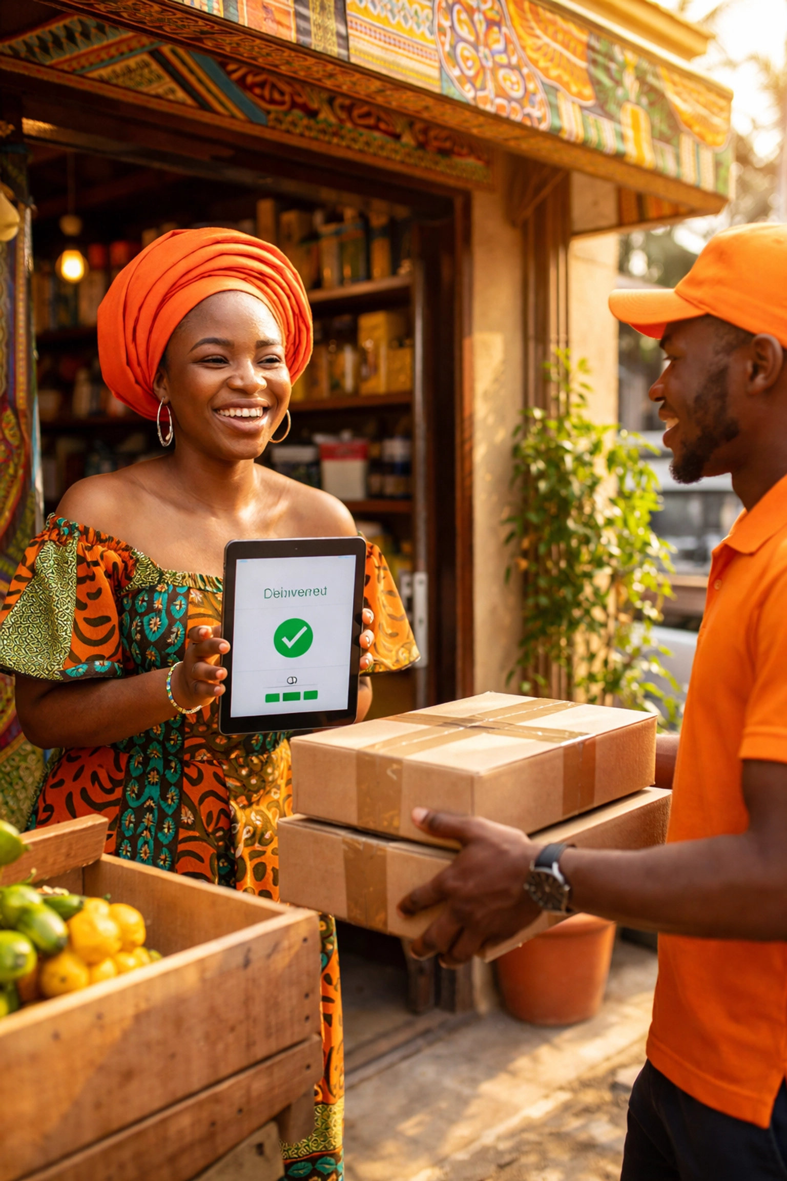 Nigerian business owner receives timely delivery with live tracking confirmation, demonstrating seamless logistics.