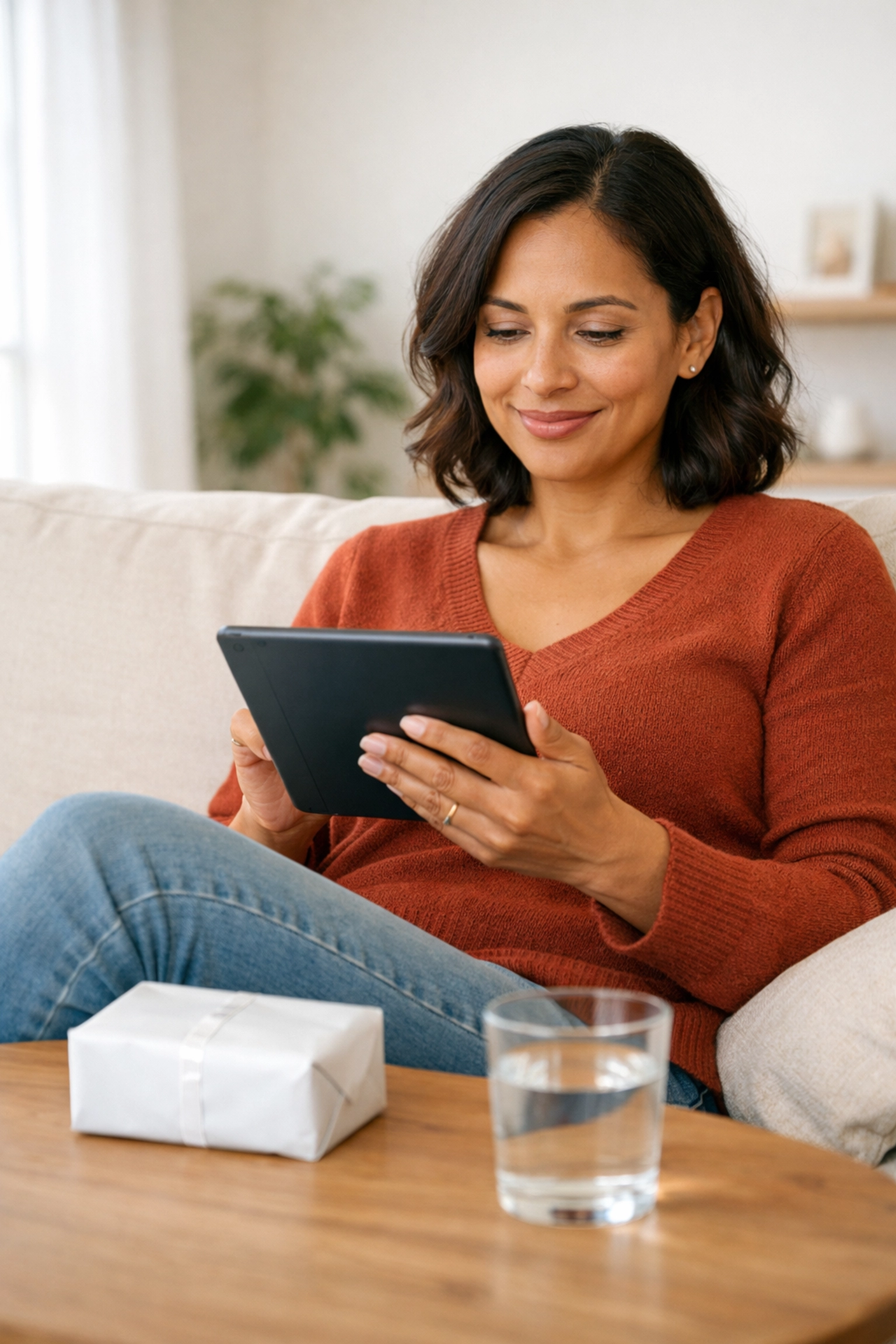 A patient using a digital tablet for a weight loss assessment through an online medical platform.