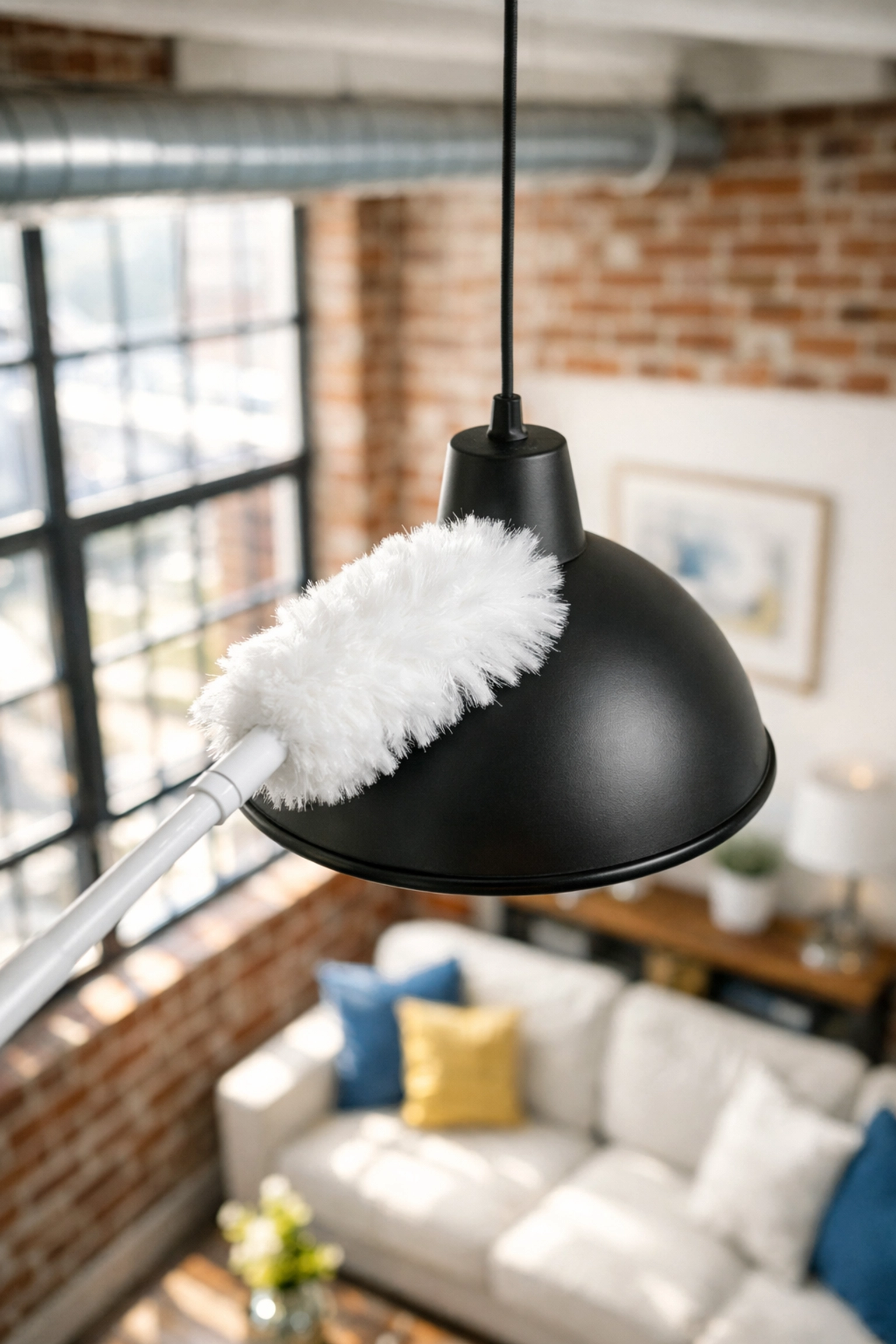 Detailed dusting of a light fixture during a deep cleaning Lowell session in a historic mill home.