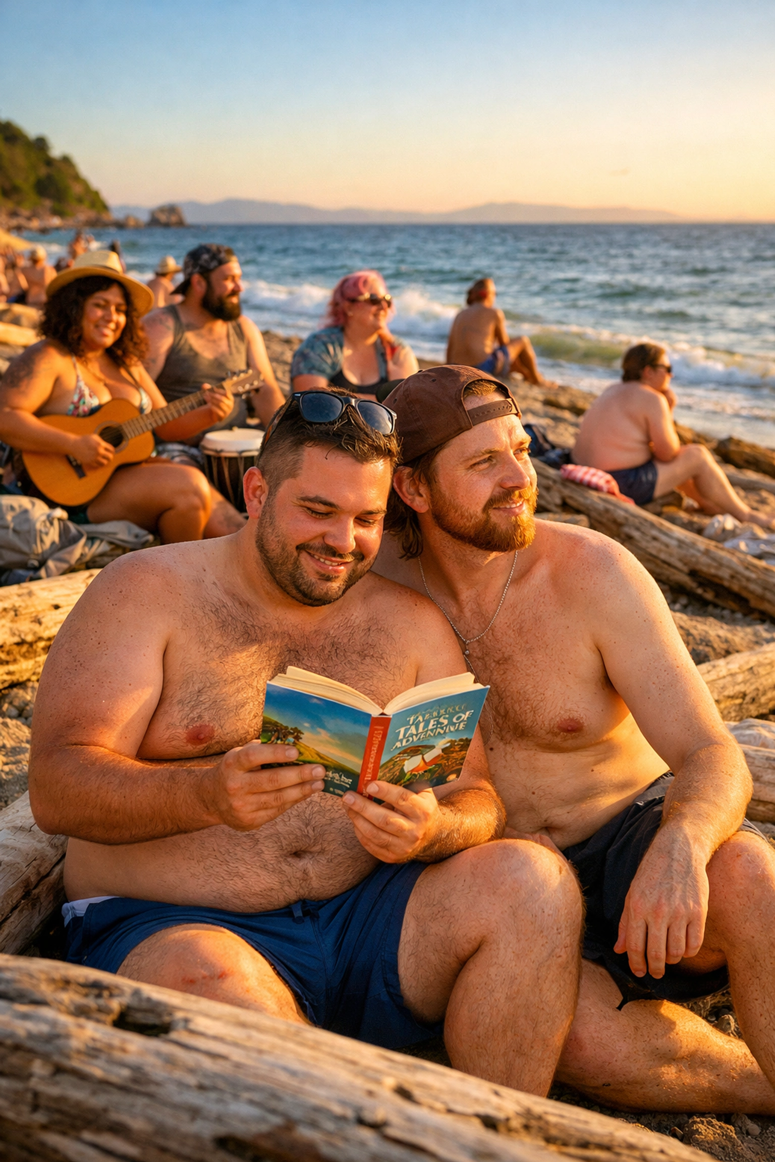 LGBTQ+ naturists relaxing on Wreck Beach Vancouver with driftwood and ocean views