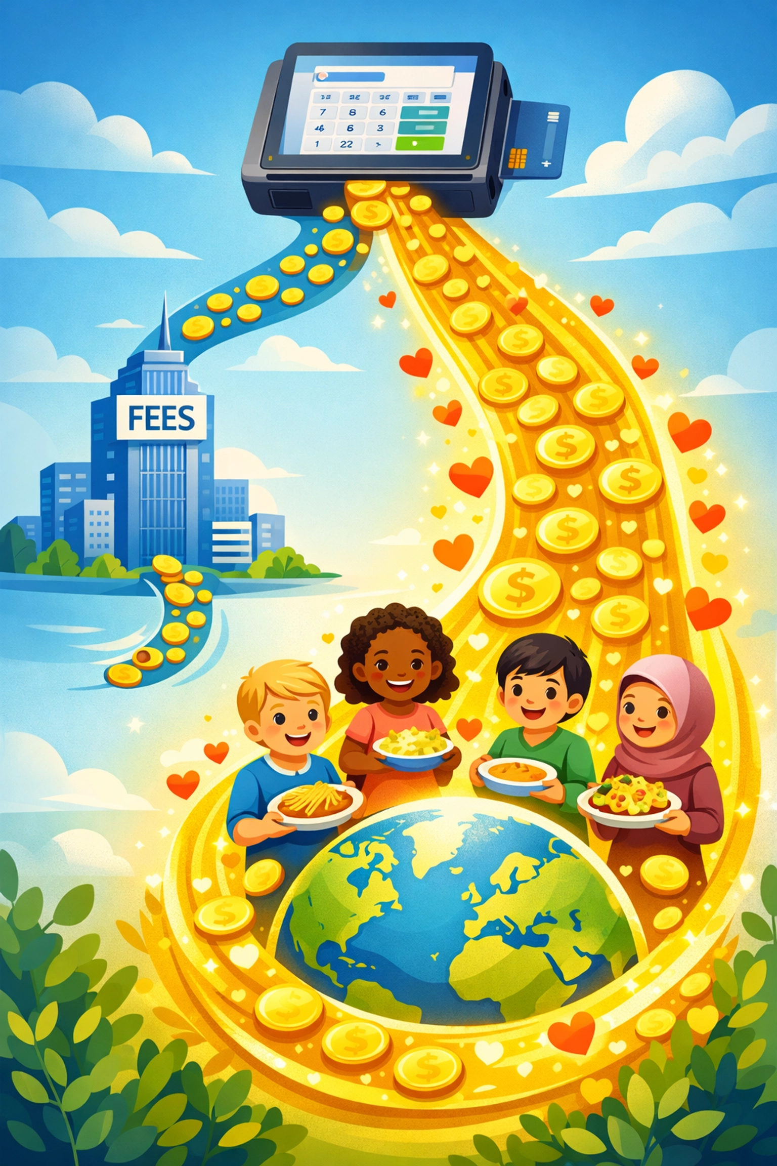 Payment transaction flow splitting between corporate fees and charity donations to feed kids