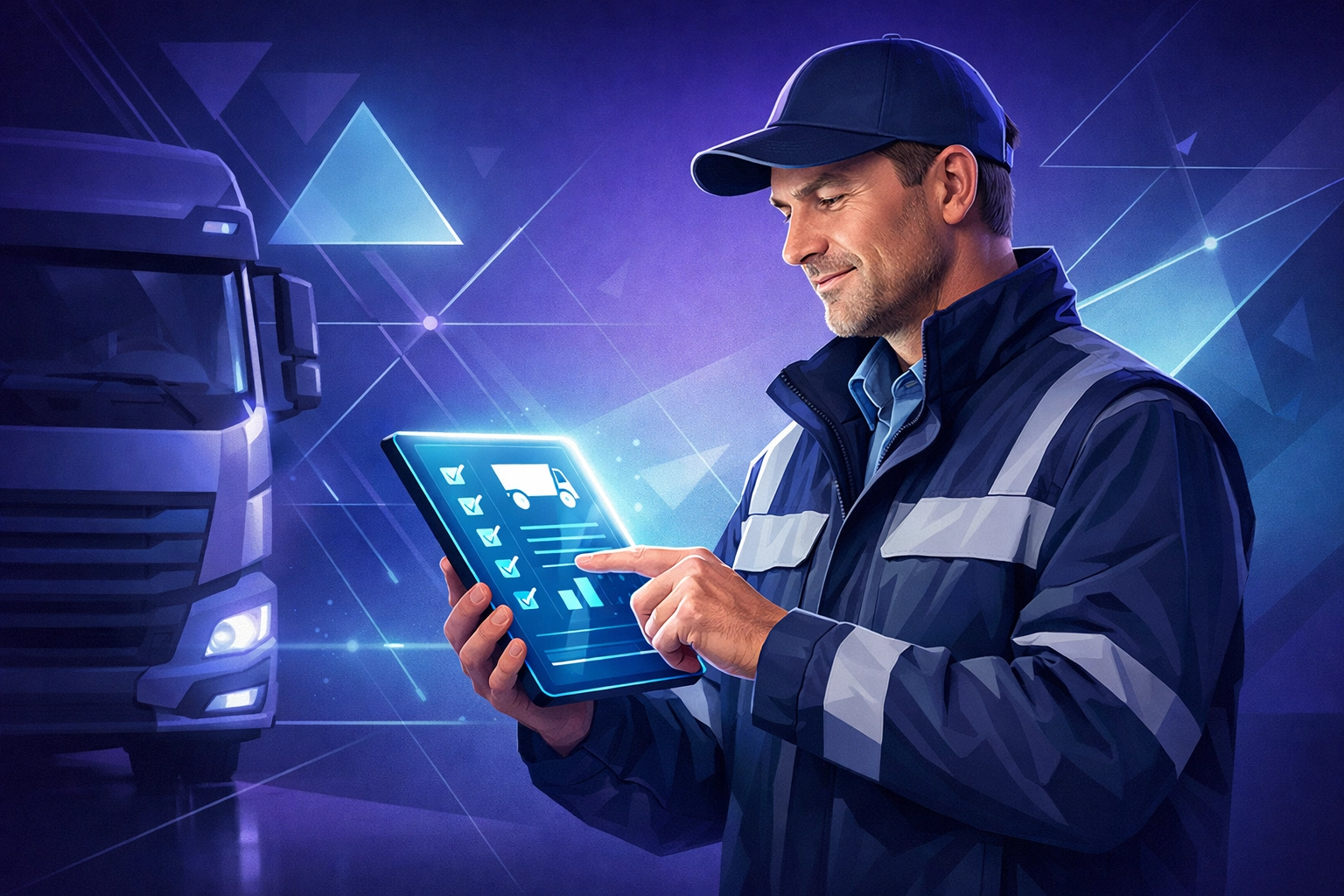 HGV driver utilizing digital technology for a streamlined logistics recruitment and onboarding process.