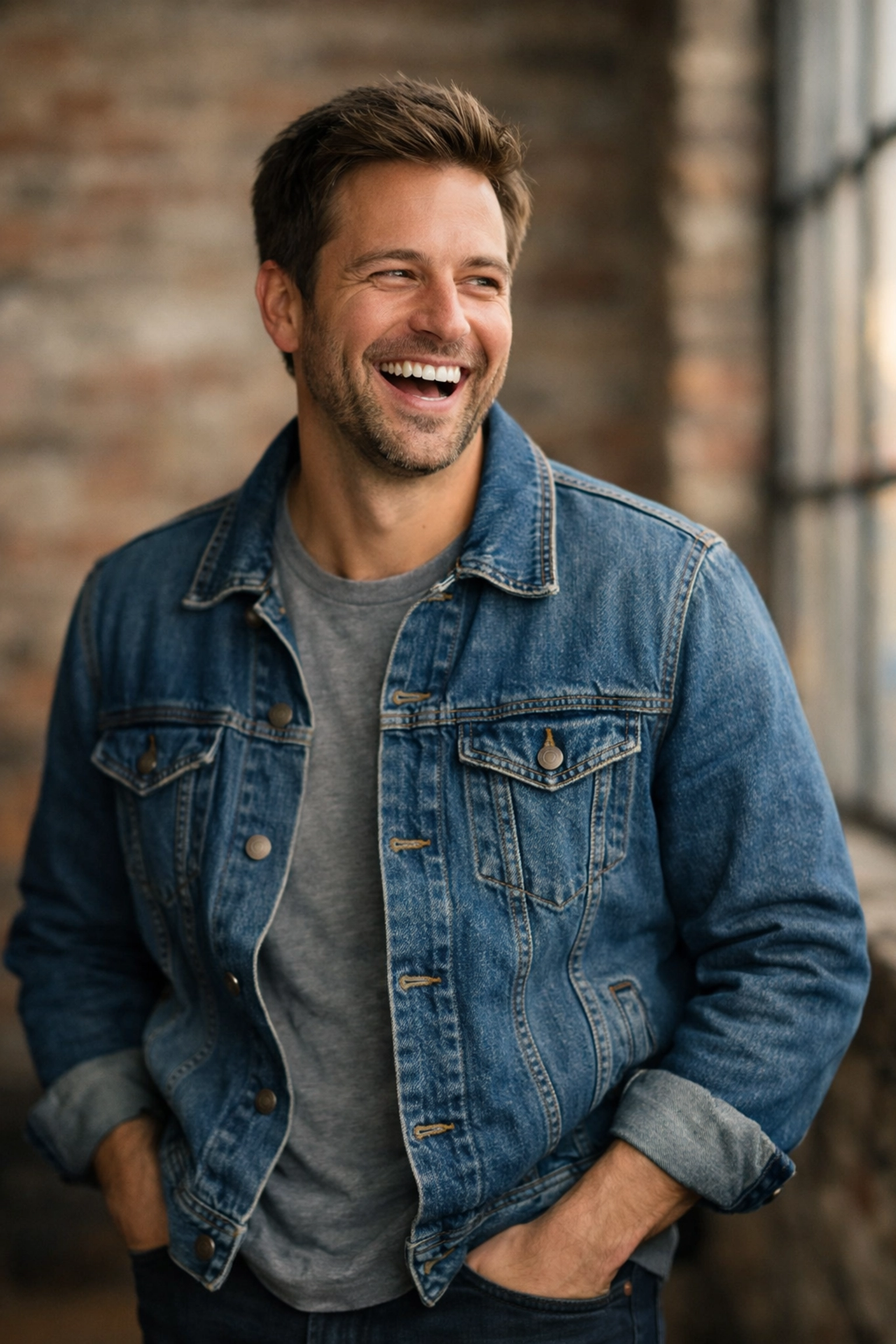 Relaxed portrait photography posing featuring a man laughing naturally in an industrial setting.
