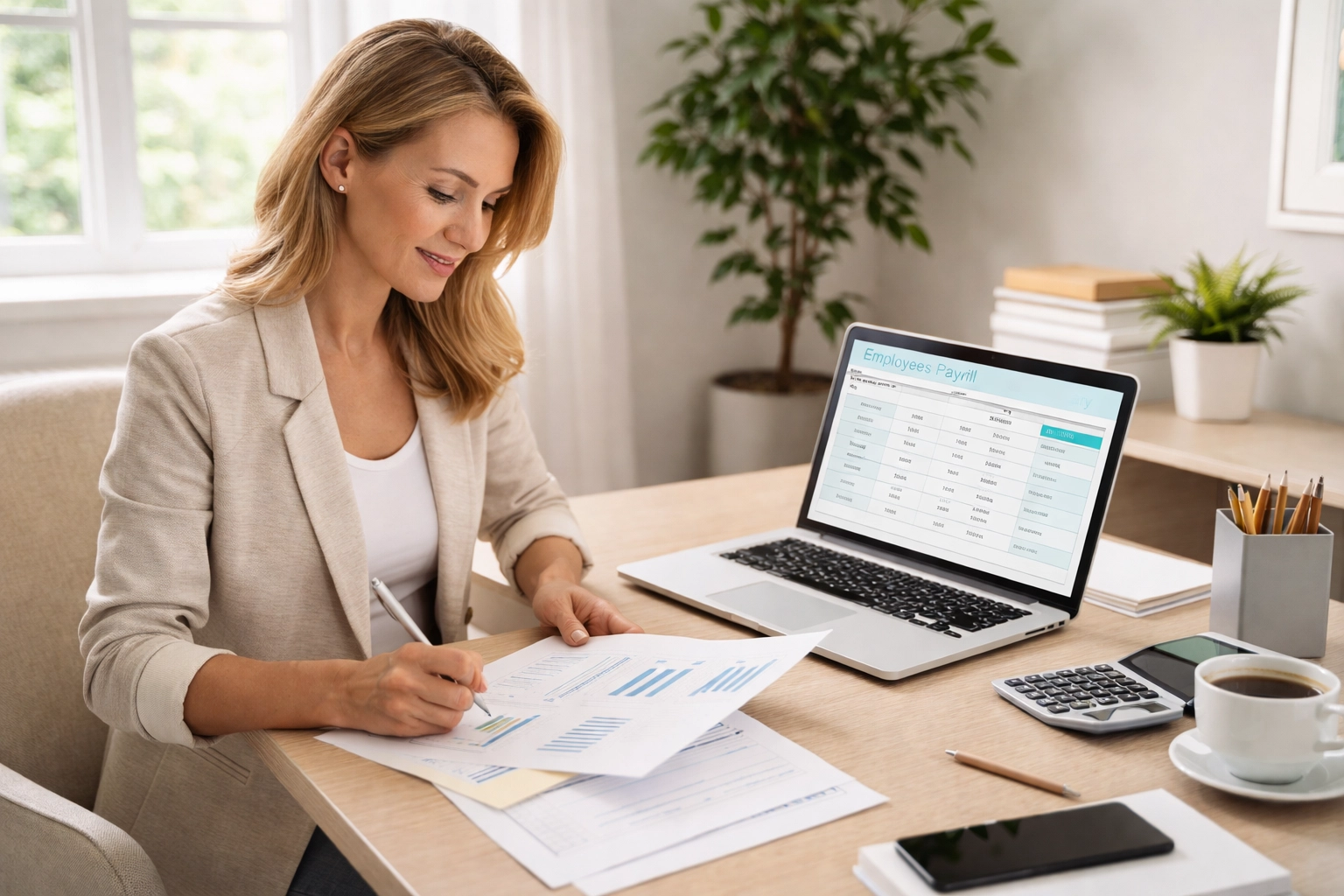 Business owner reviews payroll software and paperwork to ensure S-Corp reasonable compensation compliance