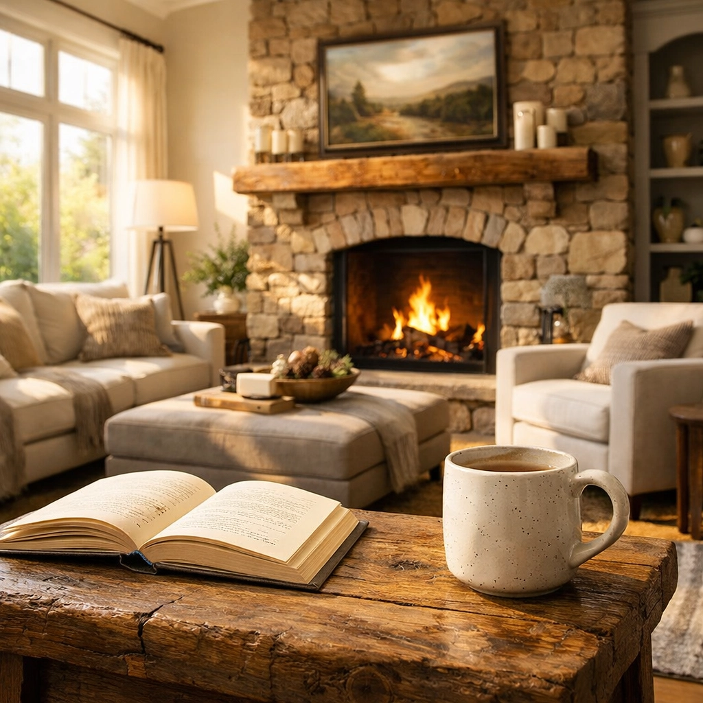 Cozy interior of Winston Place featuring a stone fireplace, highlighting upscale sober living in Nashville TN.
