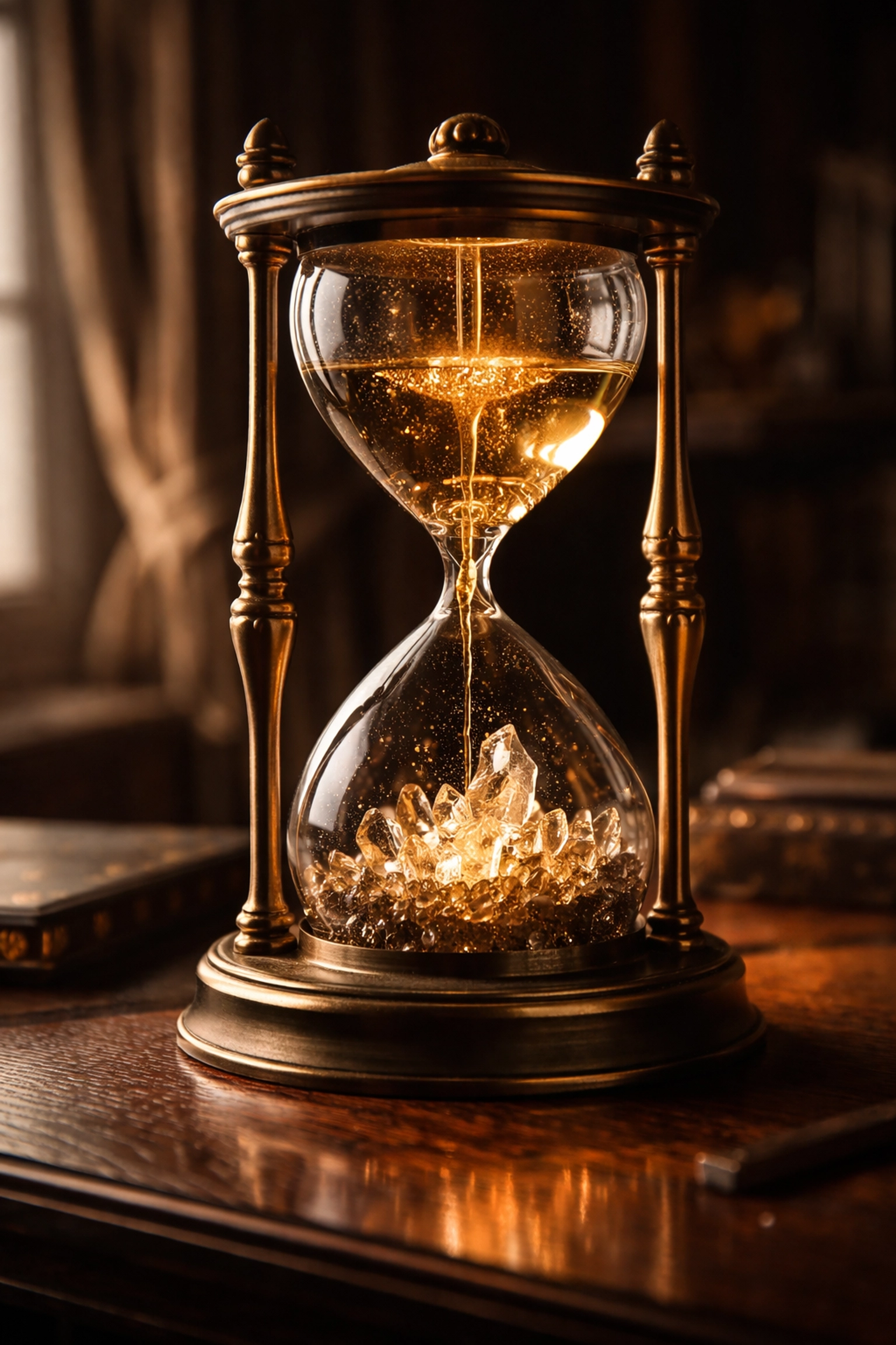 An hourglass with gold liquid flowing into crystals on a desk, representing the importance of time, patience, and wealth accumulation in alternative investments.