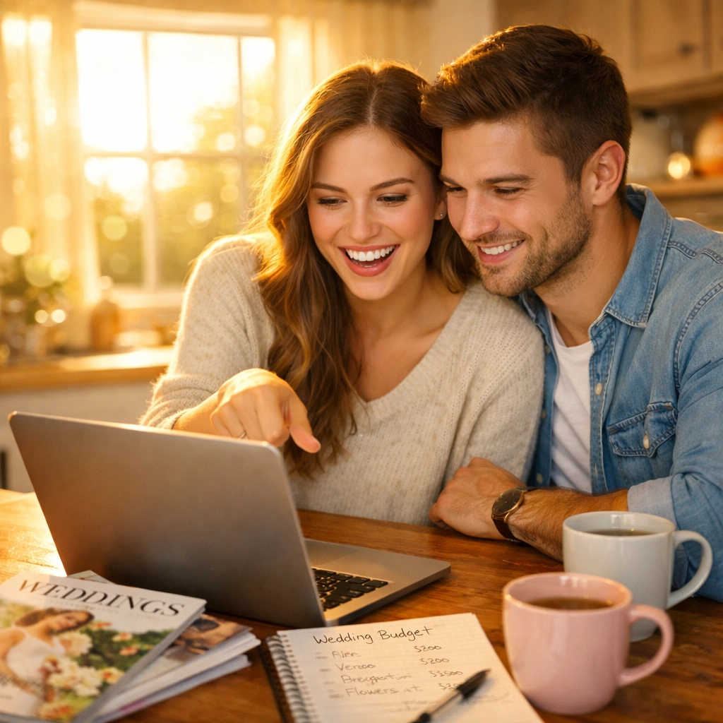 Engaged couple reviewing wedding budget and plans together on laptop