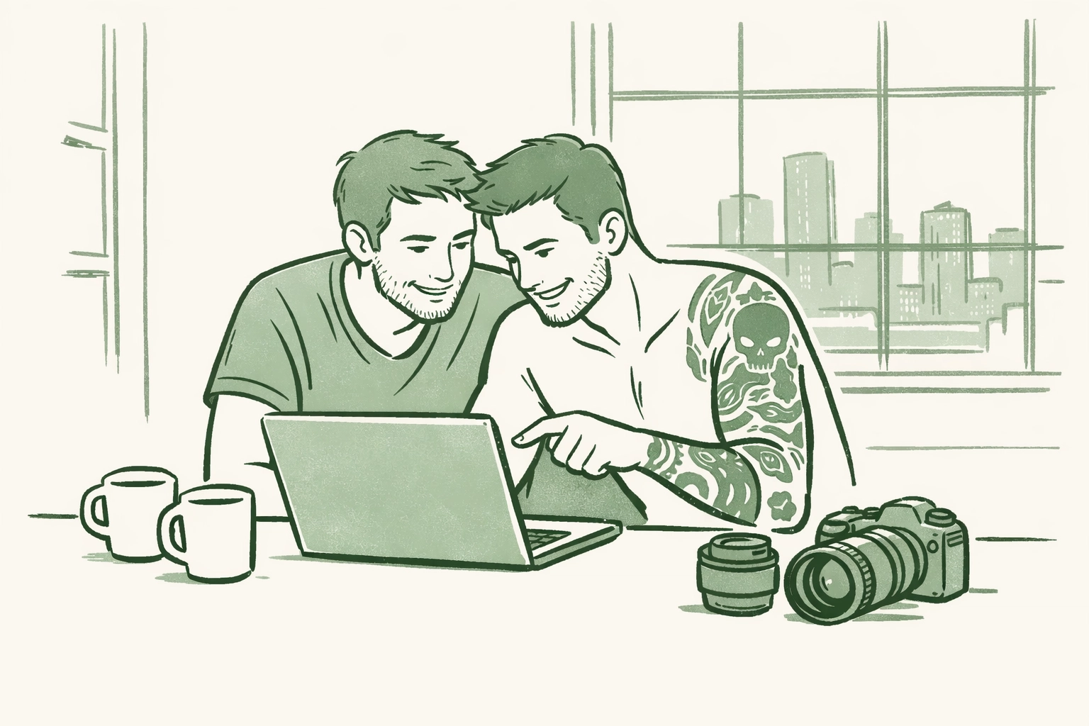 Tattooed model and photographer reviewing photos in urban loft - MM romance connection