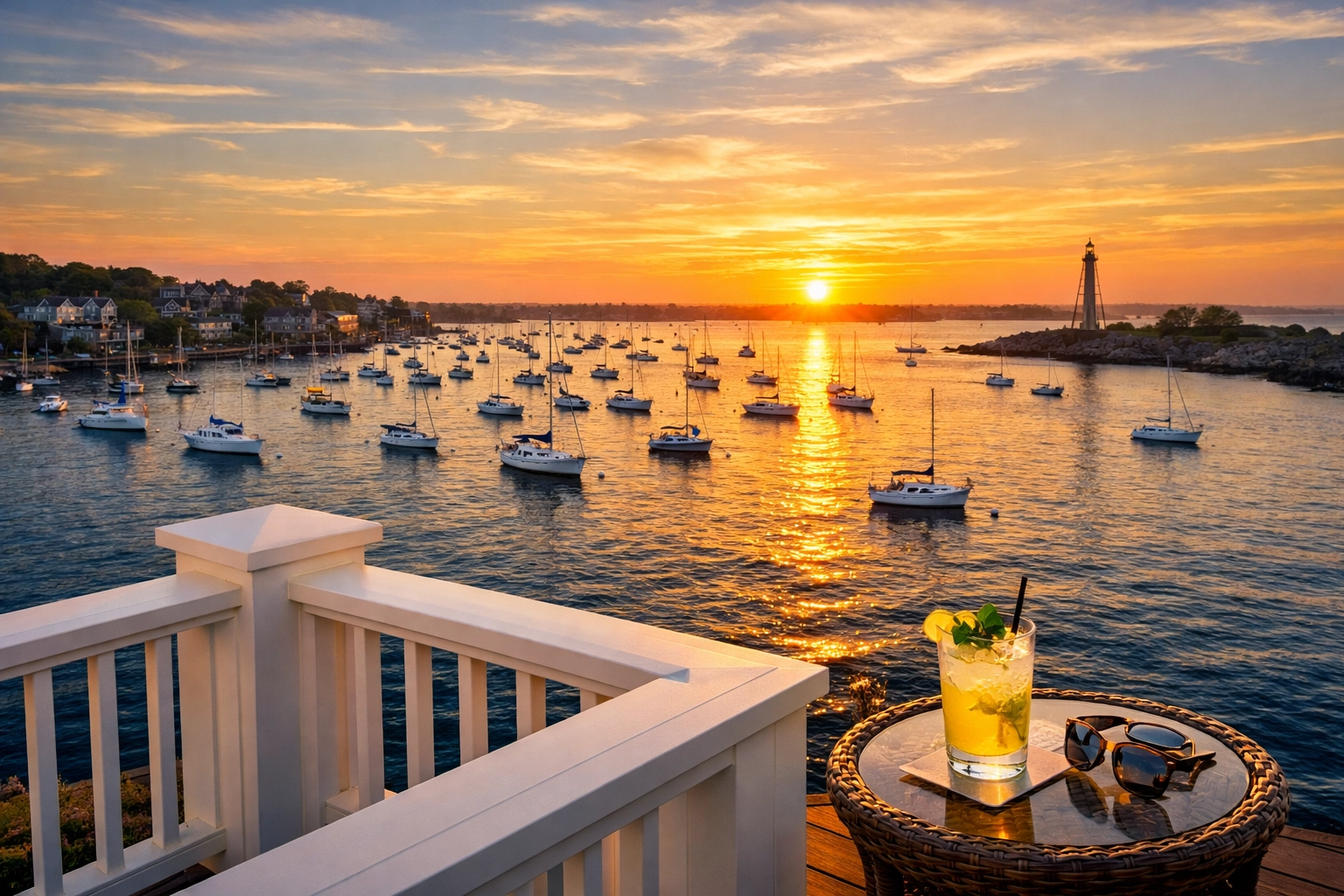 Sunset view of Marblehead Harbor from a clean luxury home balcony, representing stress-free coastal living.