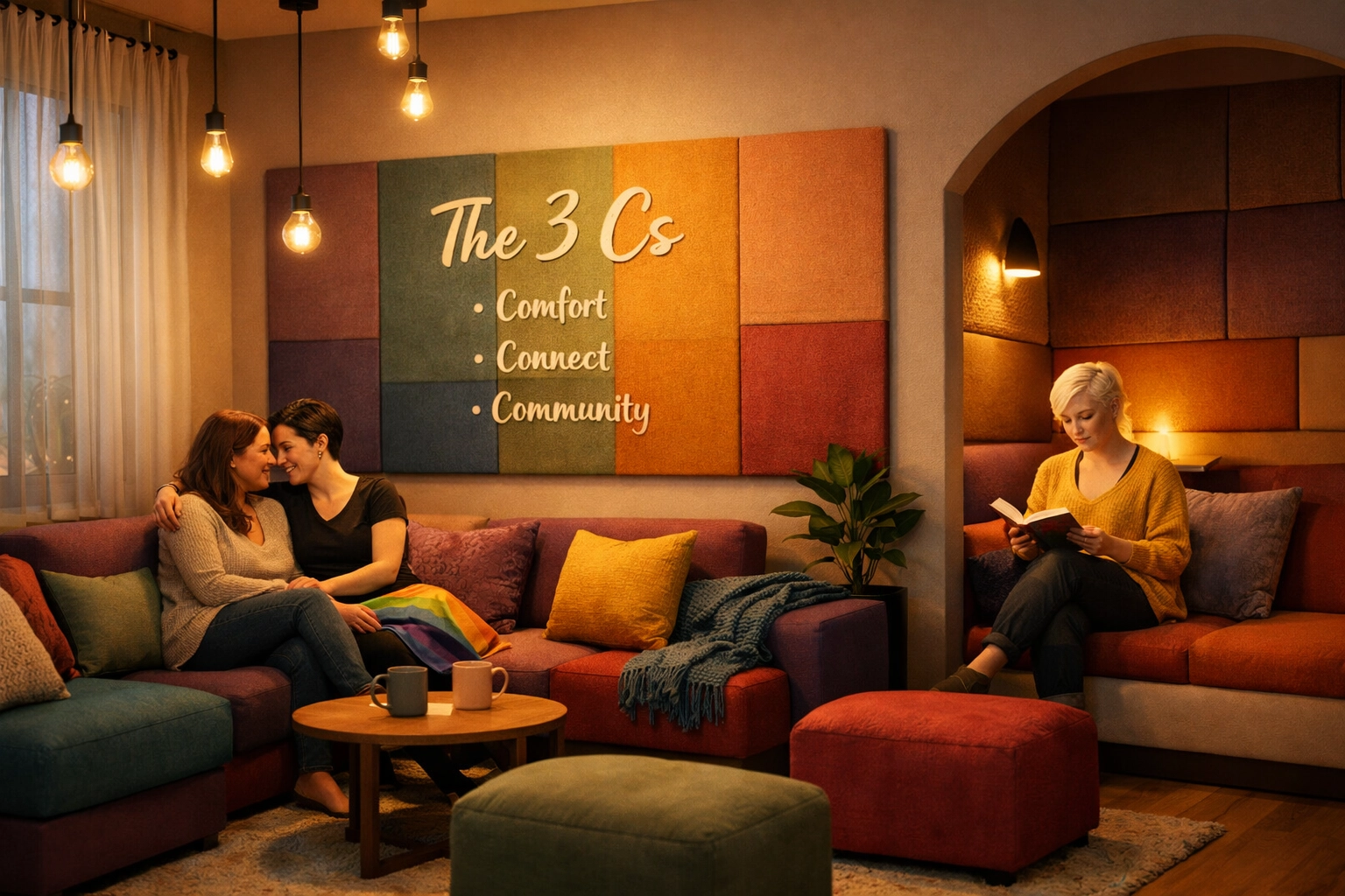 Cozy LGBTQ+ community center with adjustable lighting and flexible seating for comfort