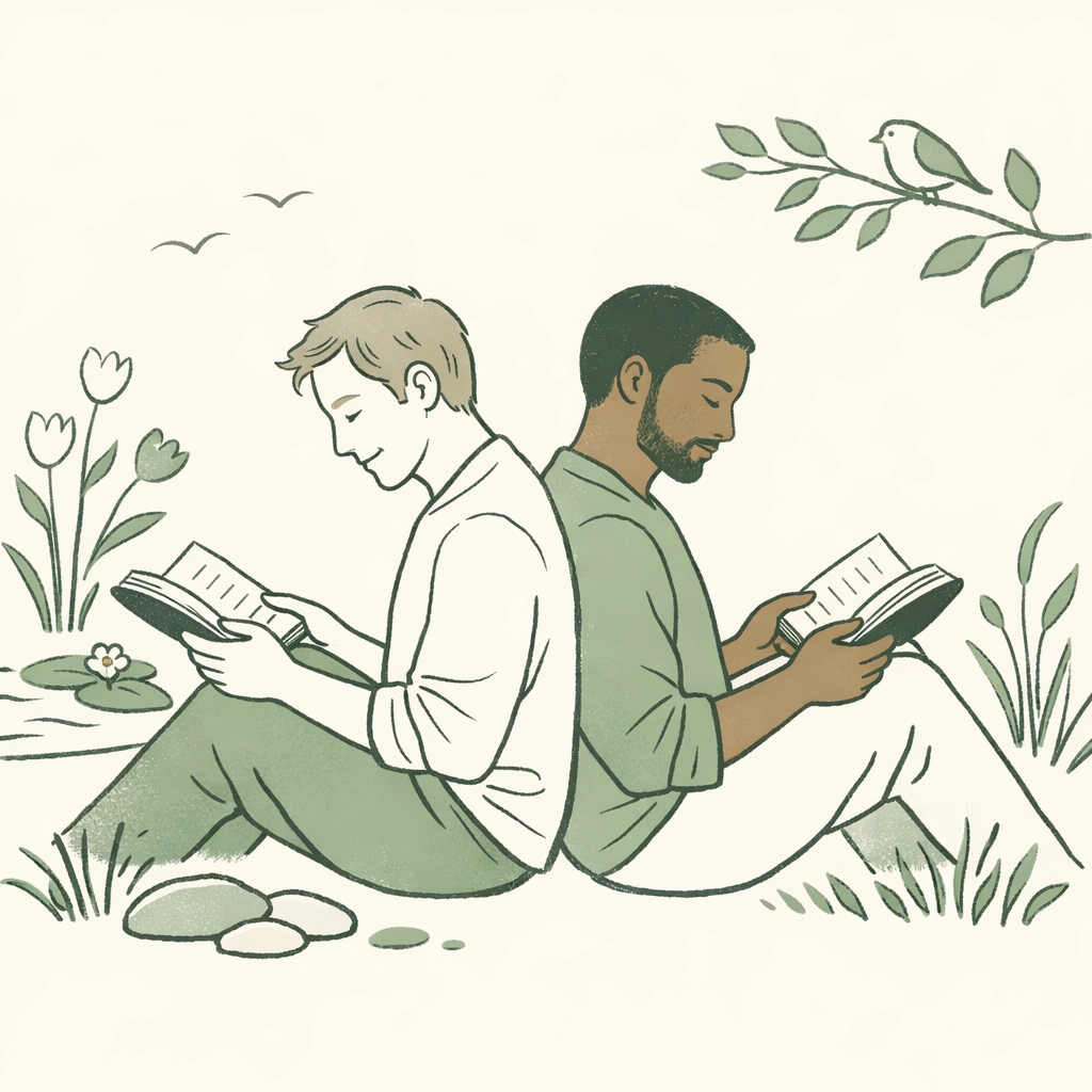 Minimalist illustration of two men reading in a garden, showing aromantic bonds in queer fiction.