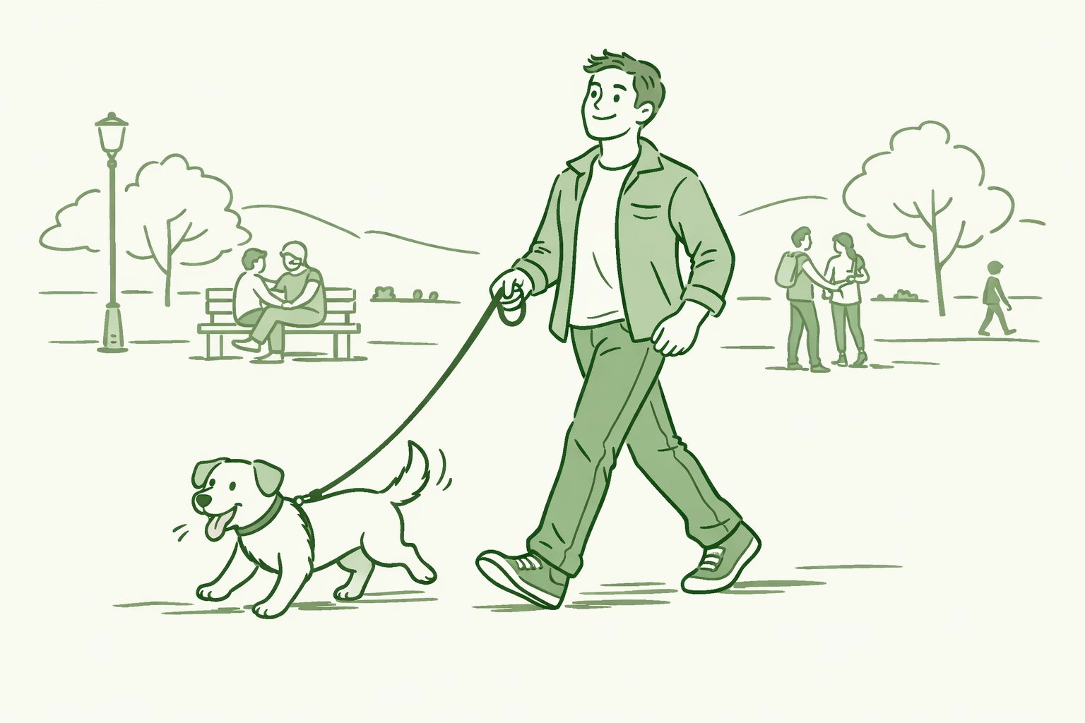 Man building confidence walking rescue puppy in public park