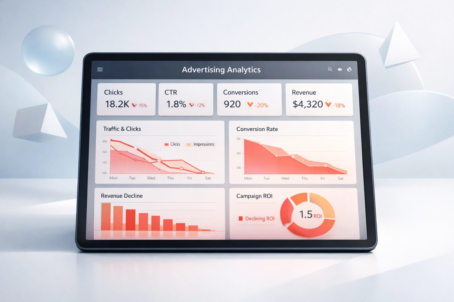 Digital dashboard showing rehab ad spend analytics and declining performance metrics