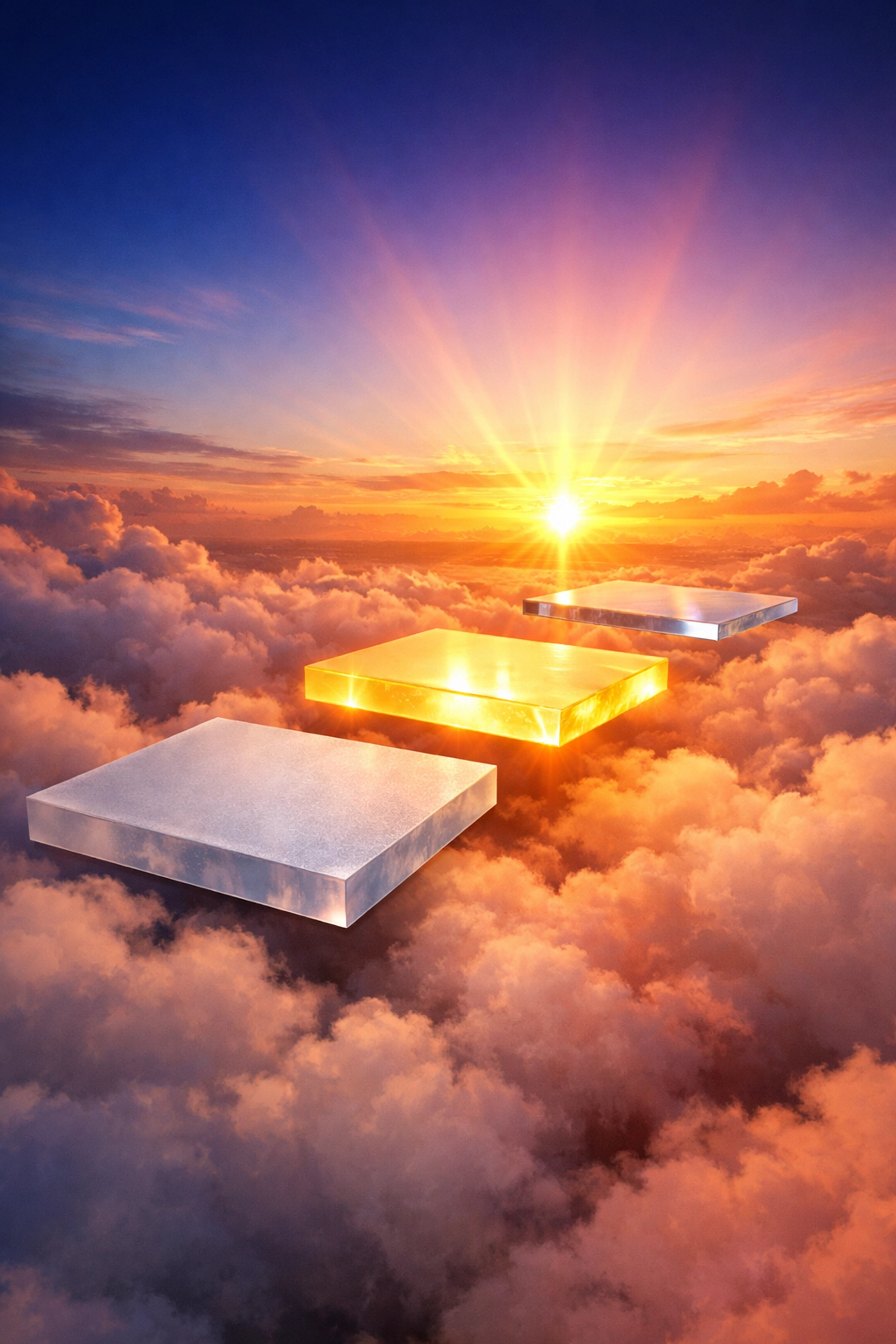 Three glass platforms forming a path toward a sunrise, illustrating a 90-day AI implementation roadmap for support.