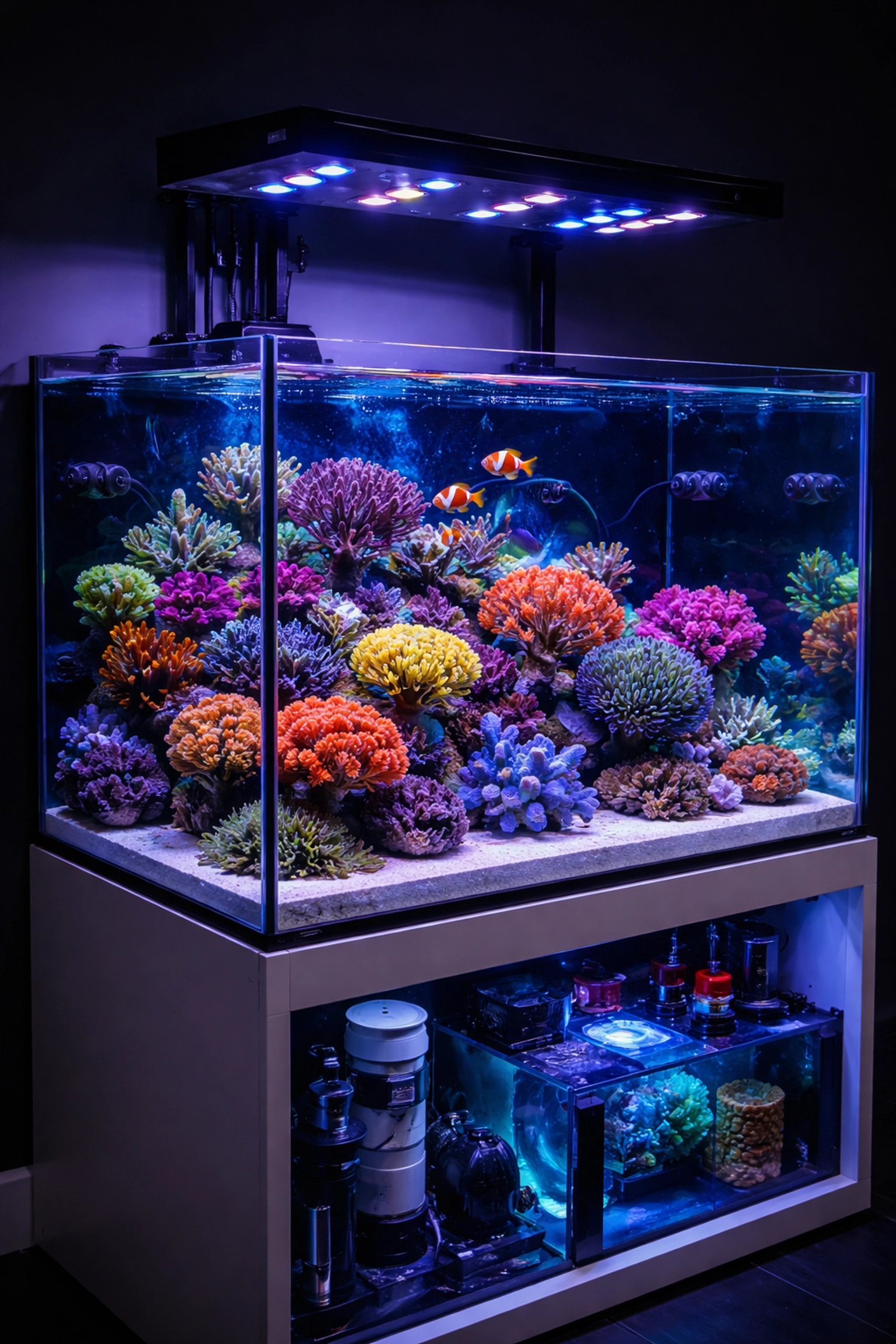 Pristine saltwater aquarium with vibrant corals and clownfish, showcasing benefits of aquarium maintenance service.