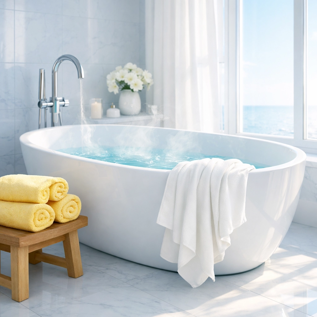 Crisp white linens draped over a luxury soaking tub illustrating a natural deep-cleaning pre-soak method.