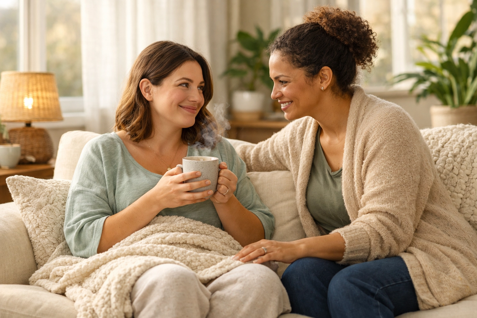 A compassionate postpartum doula providing emotional support to a new mother in her Atlanta living room.