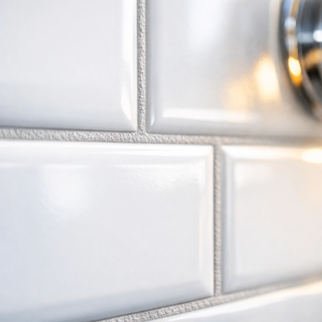 Close-up of clean white subway tiles with bright, pristine grout lines in a modern bathroom.