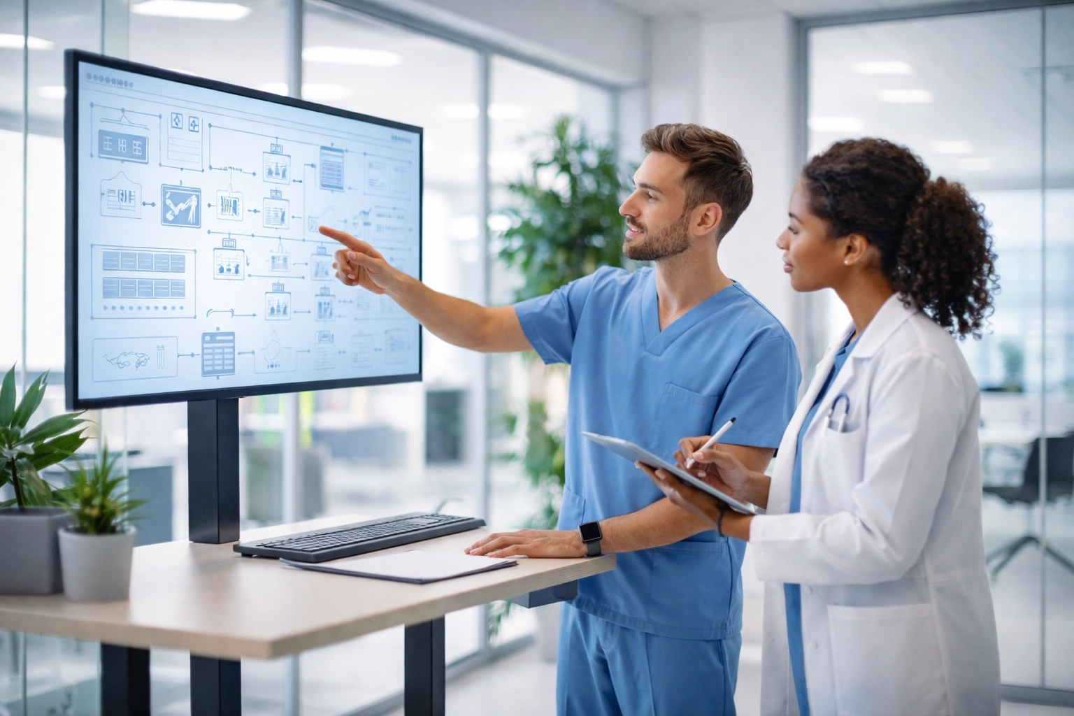 Healthcare IT professionals collaborate in a modern office, planning EHR-agnostic clinical decision support integration