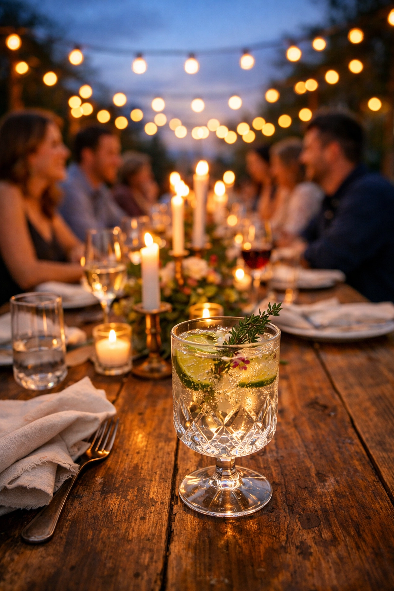Elegant weed dinner party setting with botanical mocktails and warm lighting for a sophisticated social gathering.