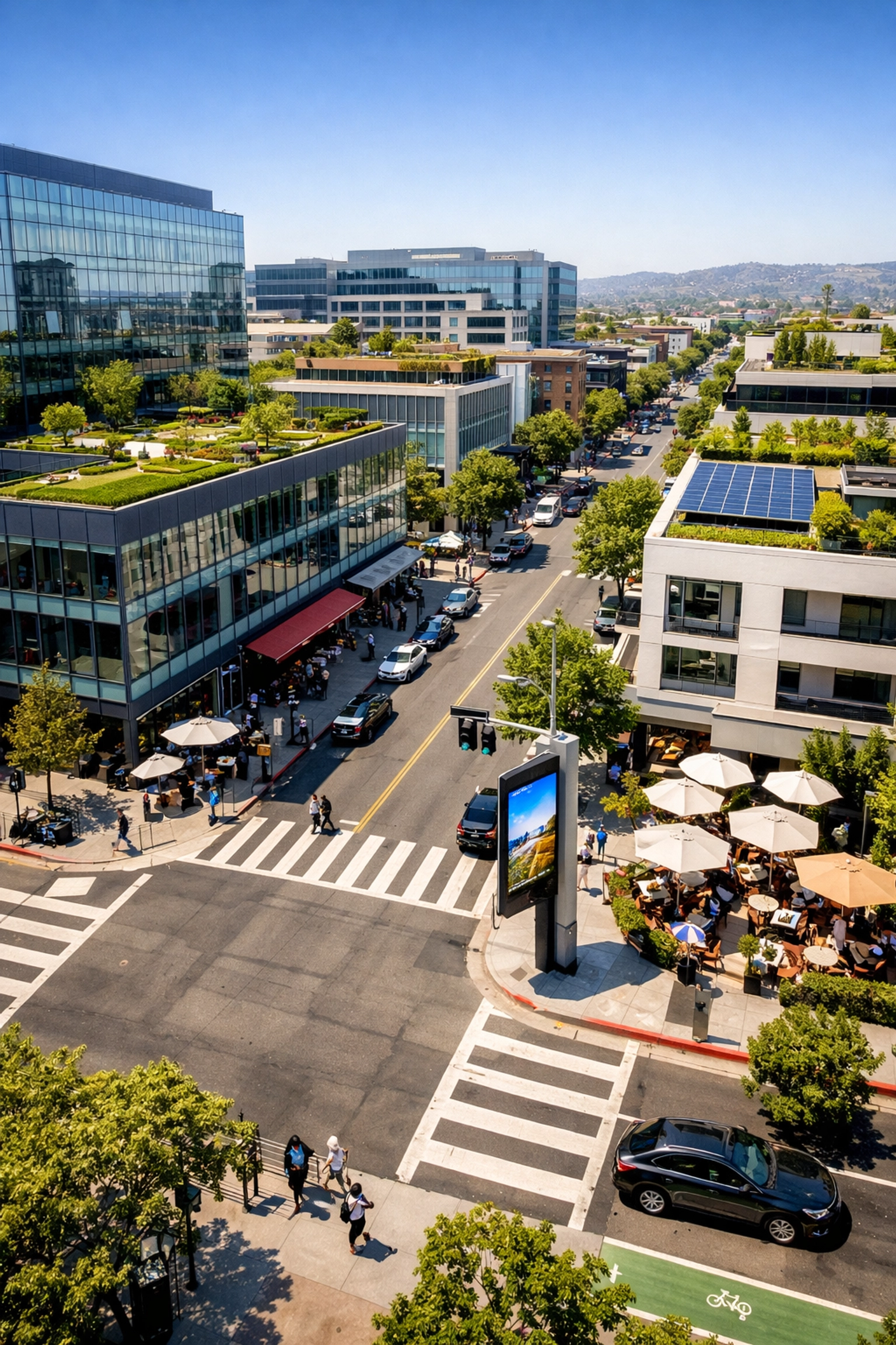 Smart city business district with a digital billboard on a street pole for hyperlocal audience targeting.