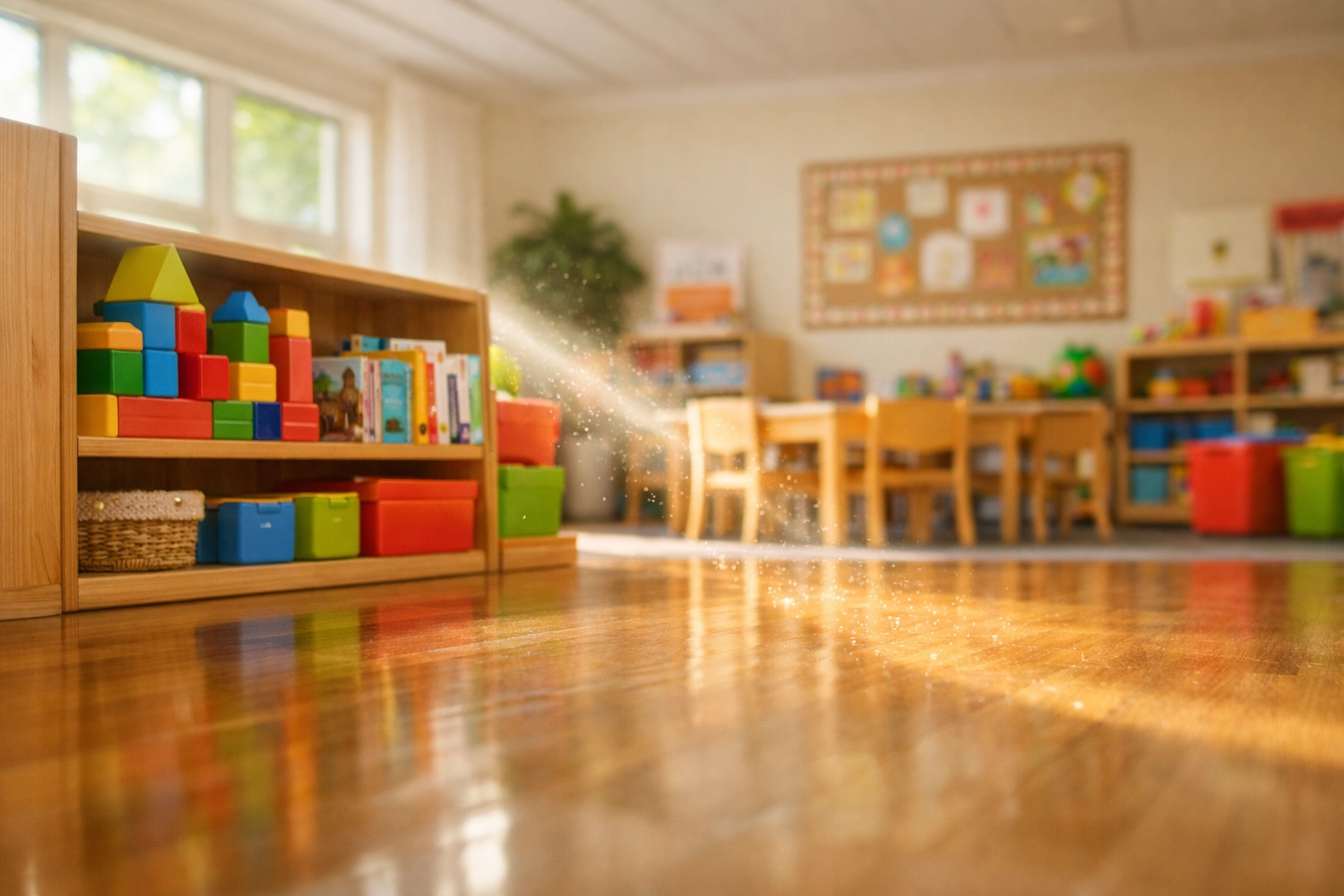 Clean kindergarten classroom following 2026 EPA lead dust safety standards for school facilities.