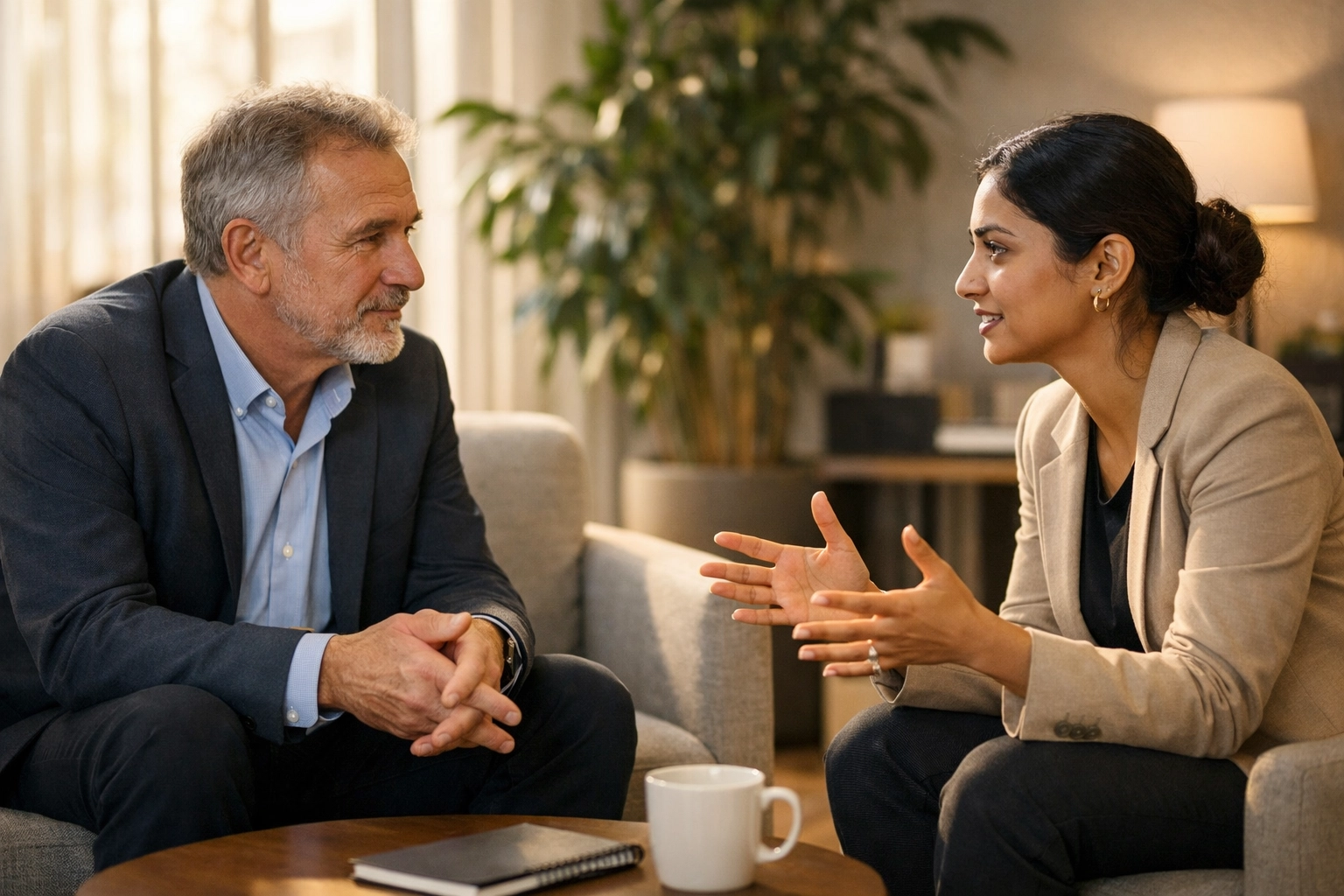 Professionals demonstrating balanced power dynamics and active listening to resolve conflict.