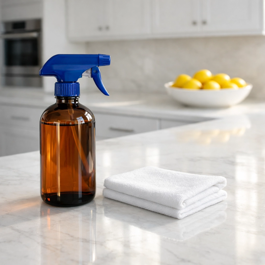 Eco-friendly glass spray bottle and microfiber cloth on a clean white marble kitchen island.