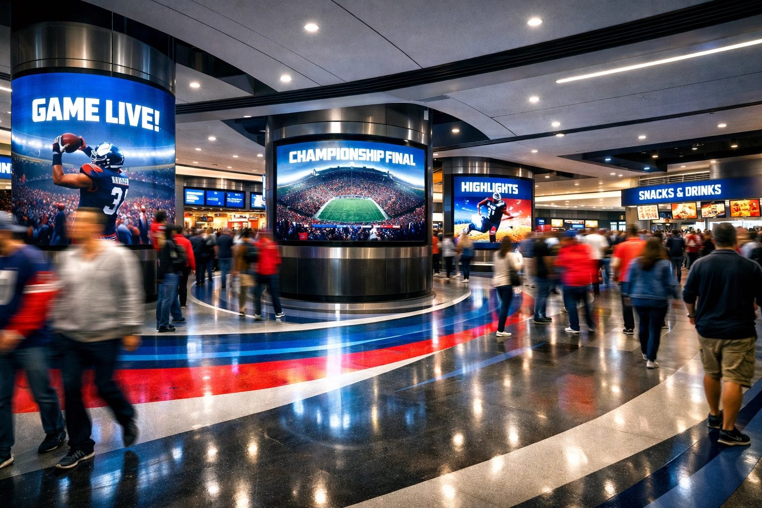 Futuristic stadium concourse featuring integrated digital advertising screens on pillars and floor graphics.