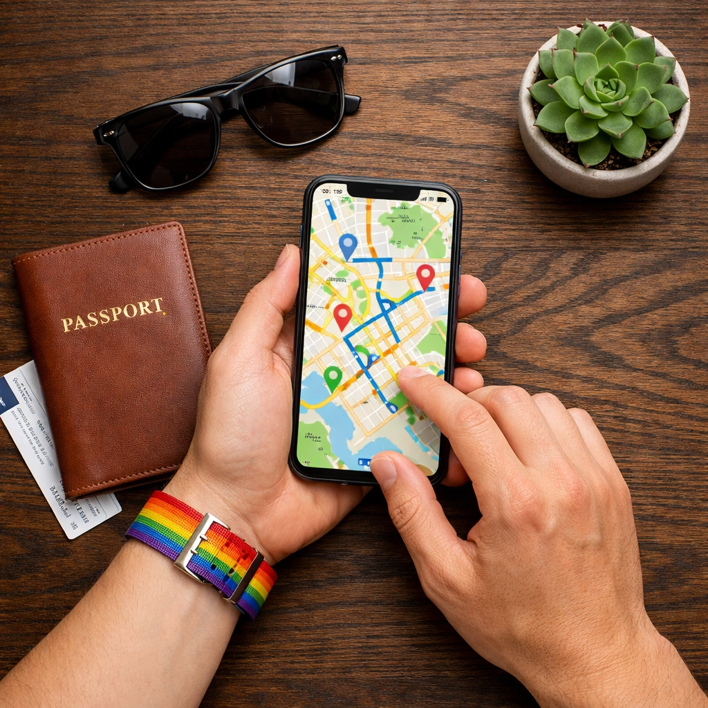 An LGBTQ+ traveler wearing a rainbow watchband uses a phone map to plan a safe journey with travel essentials.