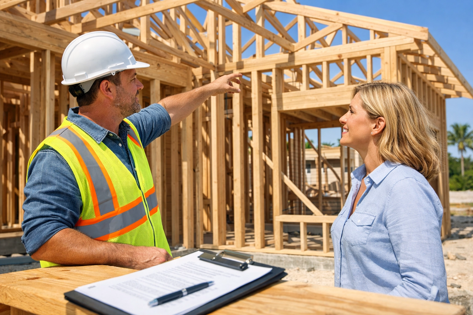 Custom home builder discussing construction progress with homeowner at job site