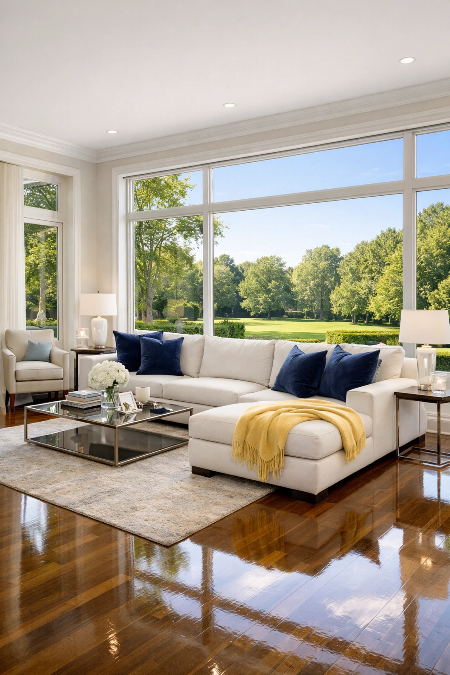 Spotless luxury living room in Weston MA showing professional house cleaning results.