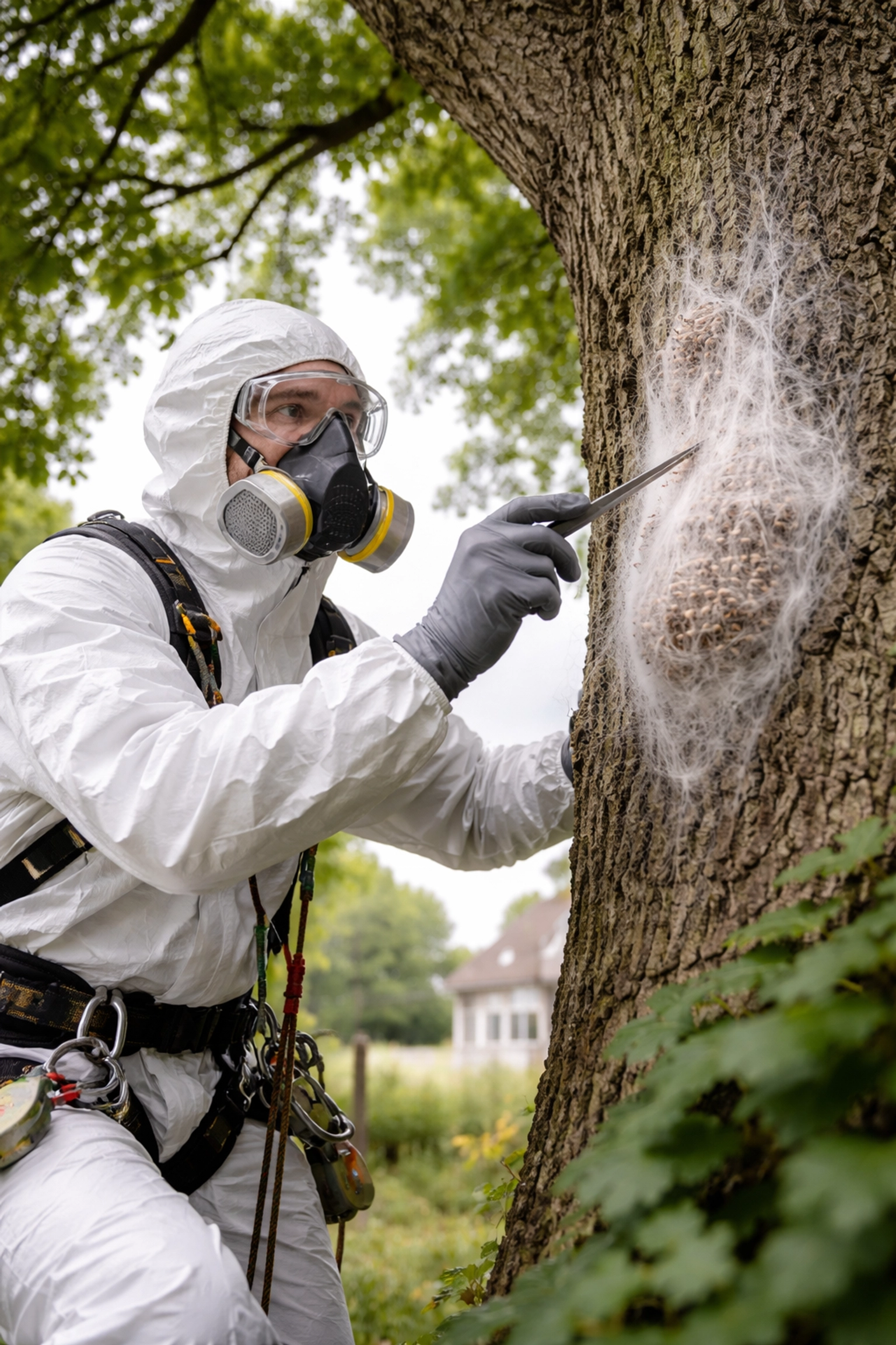 Arborist in protective suit inspecting Oak Processionary Moth nest on an oak tree, demonstrating professional tree surgeon safety.