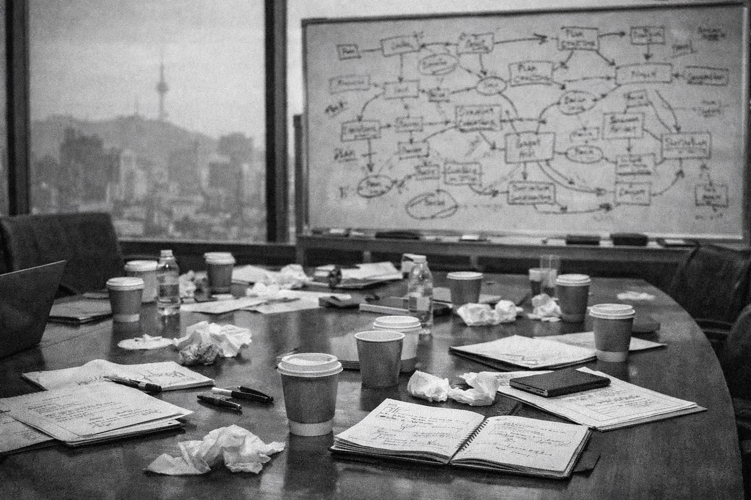 A professional meeting room in Seoul after a strategic session on international business expansion and growth.