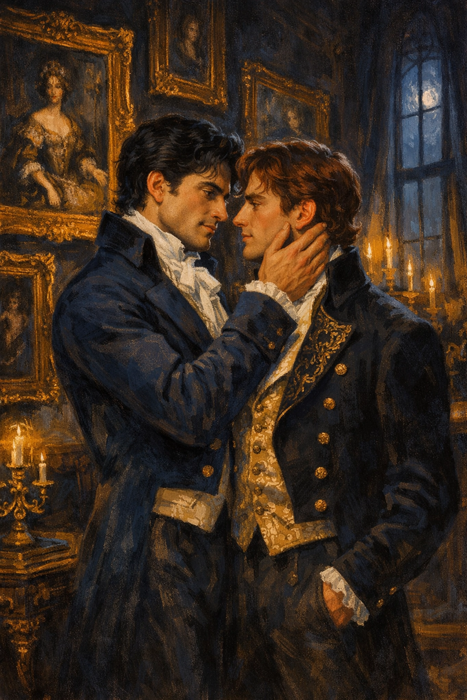 Intimate moment between two men in Regency clothing in moonlit portrait gallery - gay historical fiction