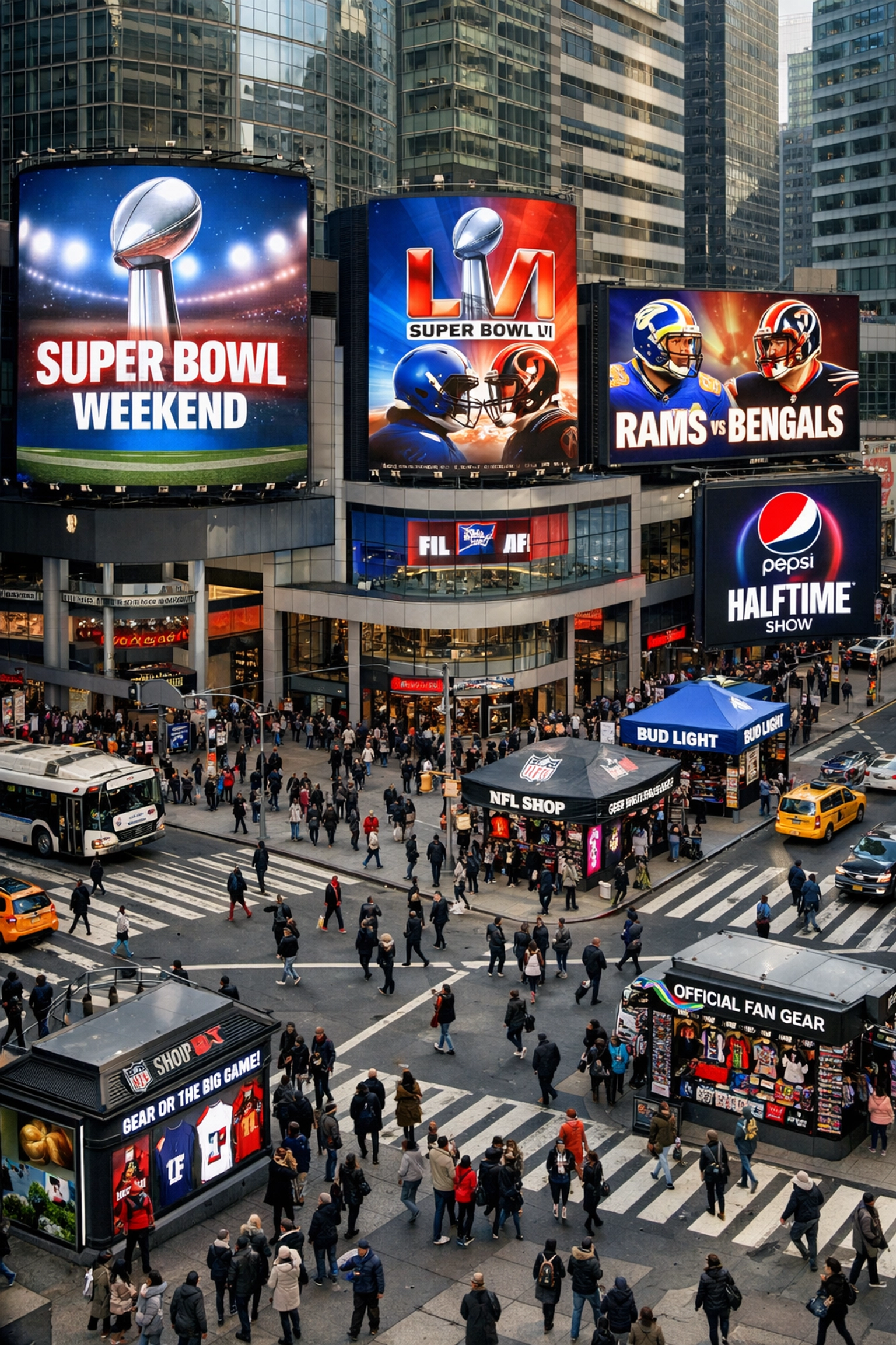 Aerial view of Super Bowl OOH advertising with digital billboards and transit shelters in busy downtown