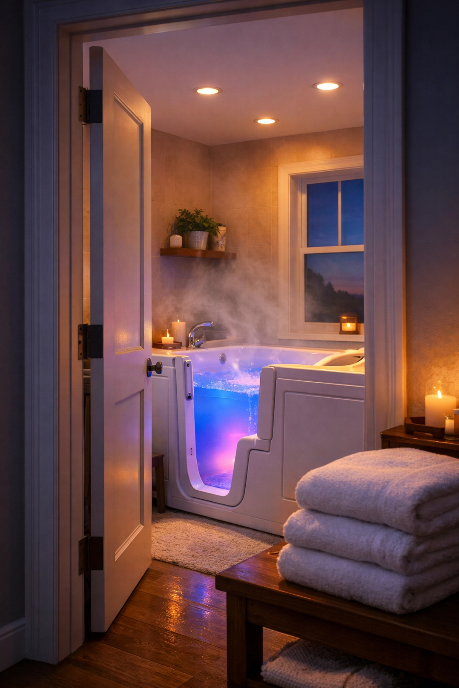Walk-in tub with chromotherapy LED lighting for evening relaxation