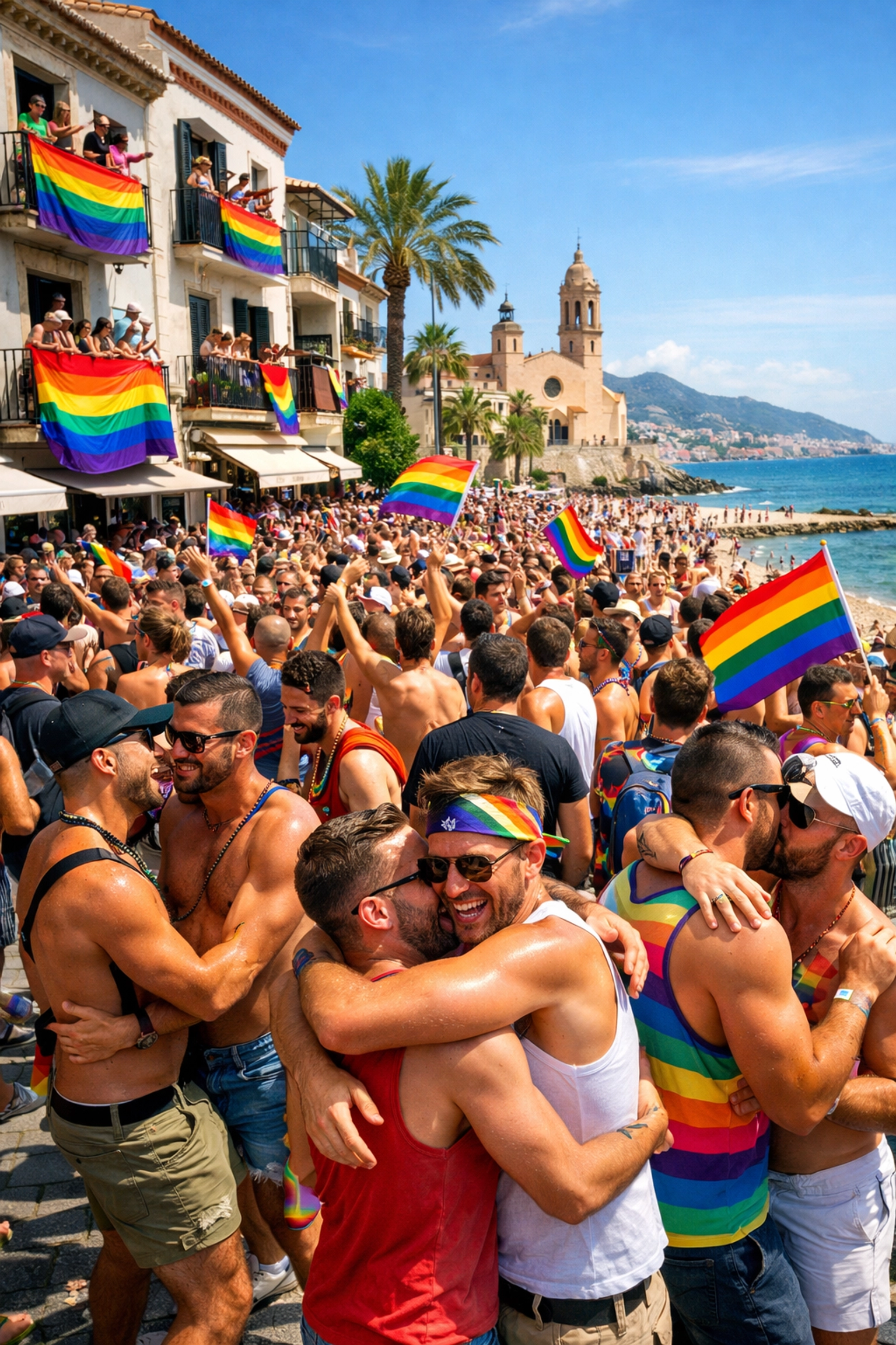 Sitges Pride celebration with gay community on Mediterranean promenade, Spanish LGBTQ+ culture